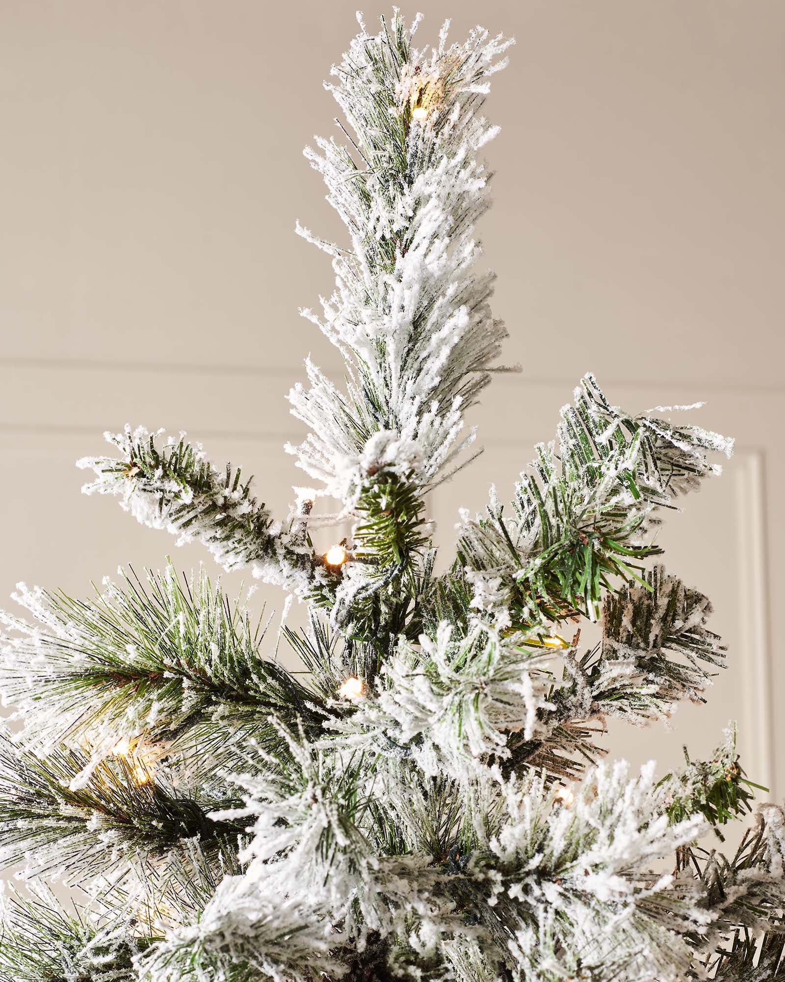 Top section of a slim snow flocked spruce Christmas tree with warm white lights.
