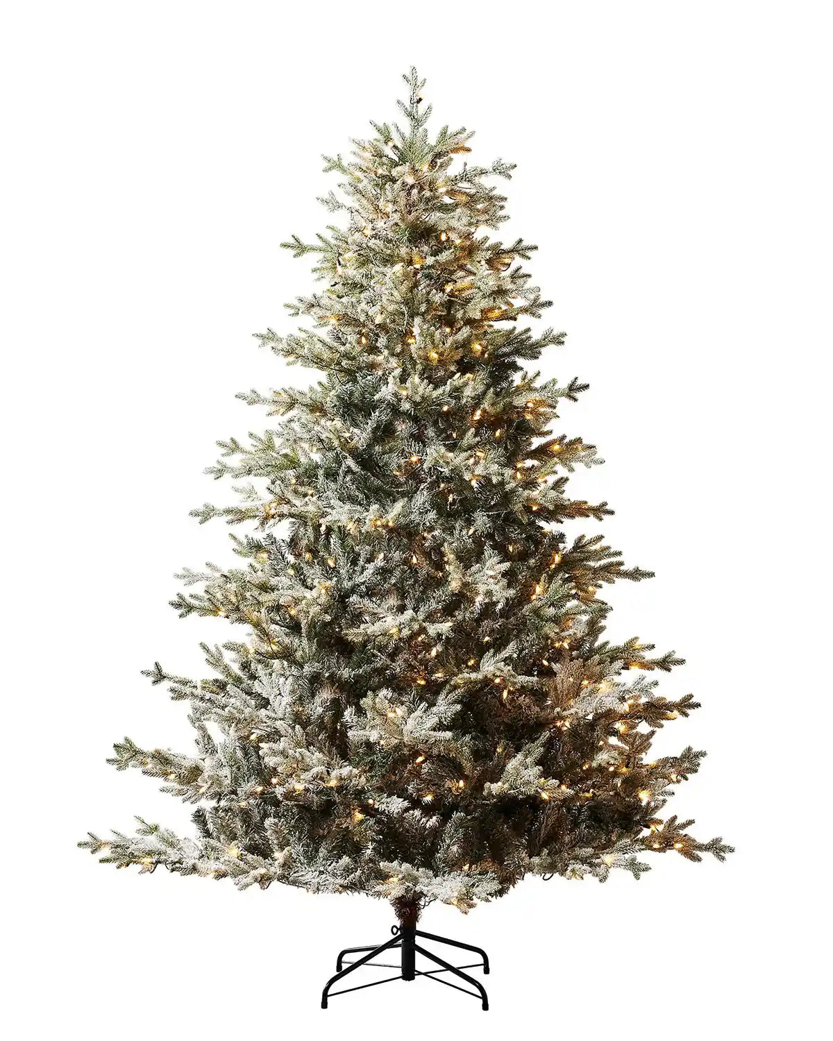 7 ft snow flocked artificial Fraser fir Christmas tree with lights on a white background