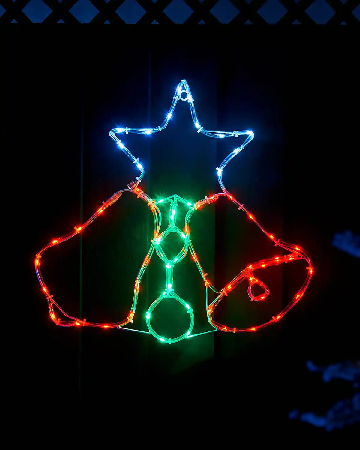 Pre-lit twin bells silhouette rope light displayed on a wooden wall