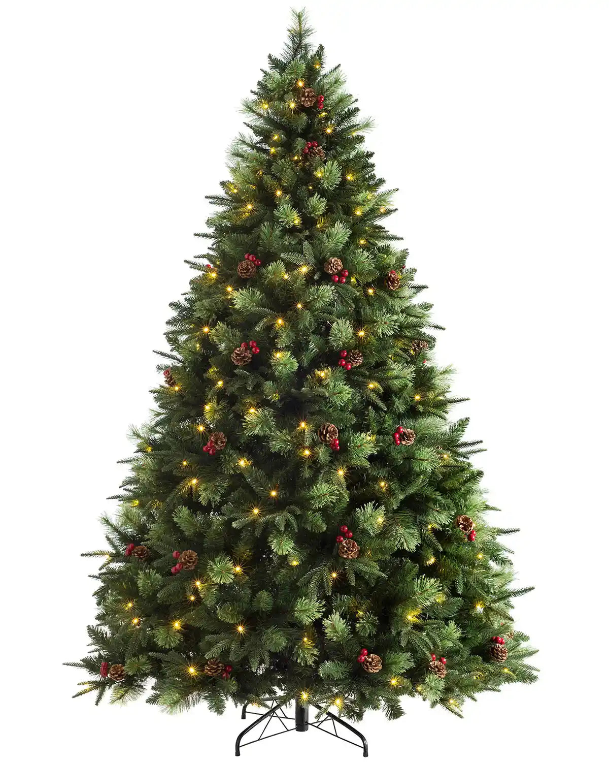 Pre-lit Victorian mixed tip Christmas tree with berries, pinecones and warm white LEDs on a white background