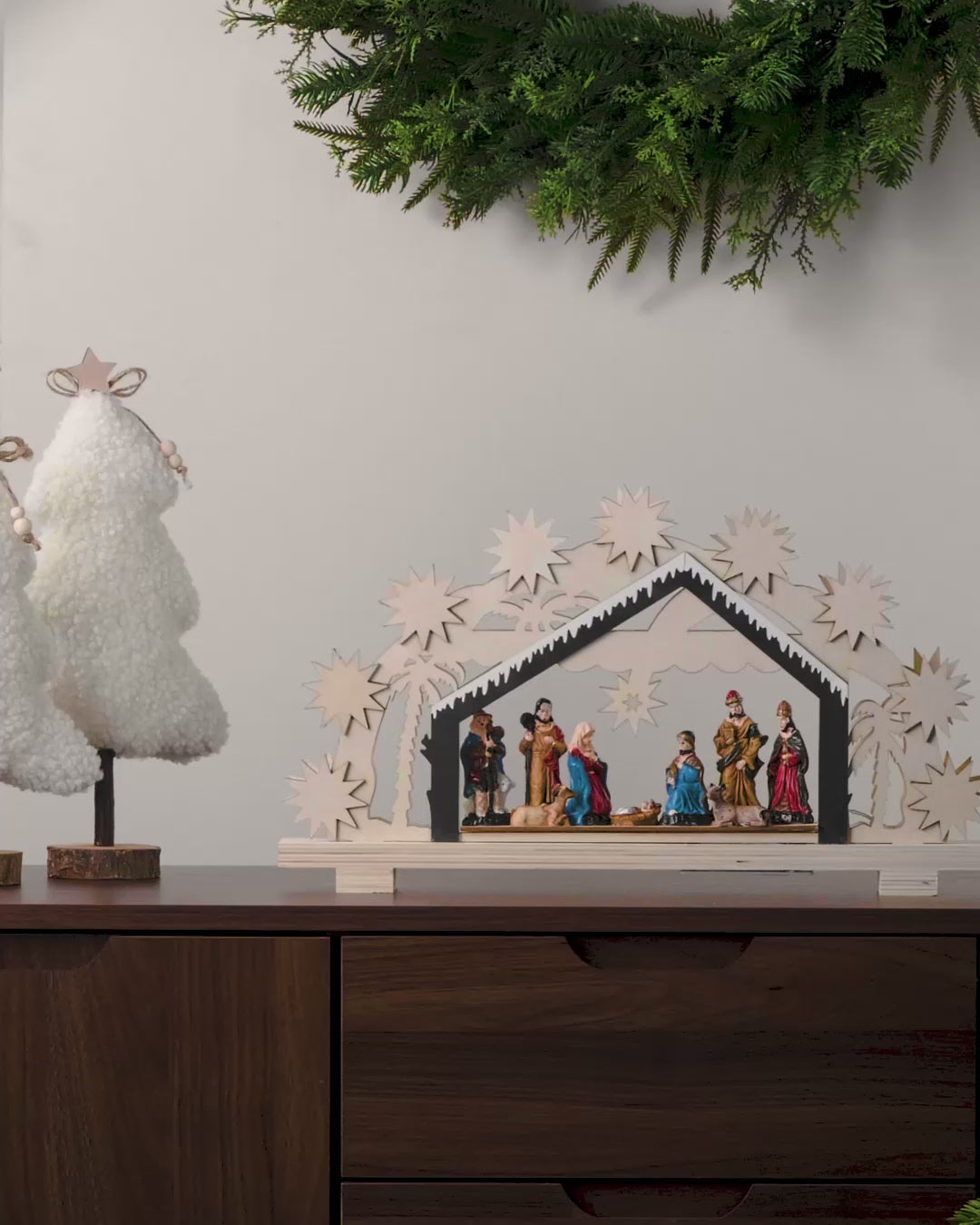 Load video: Pre-Lit Wooden Nativity Scene, 26 cm