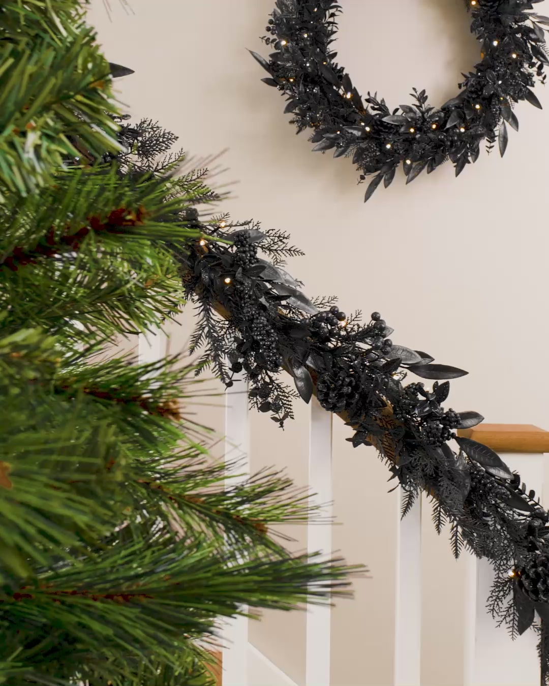 Load video: Pre-Lit Mixed Pine Black Garland, 9 ft
