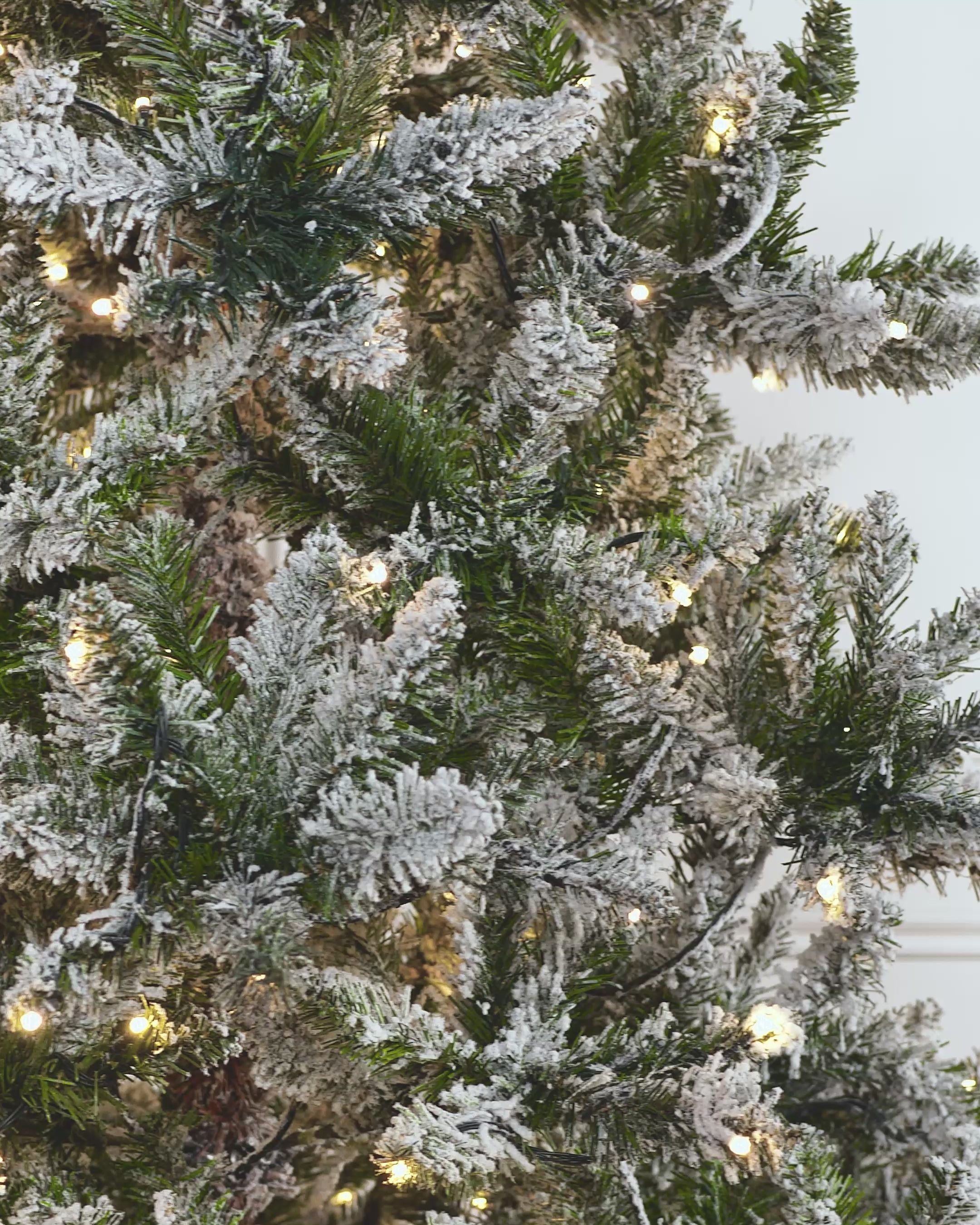 Load video: Pre-lit, full-bodied snow-flocked artificial Christmas tree with warm white LED lights, set in a room with white wall paneling.