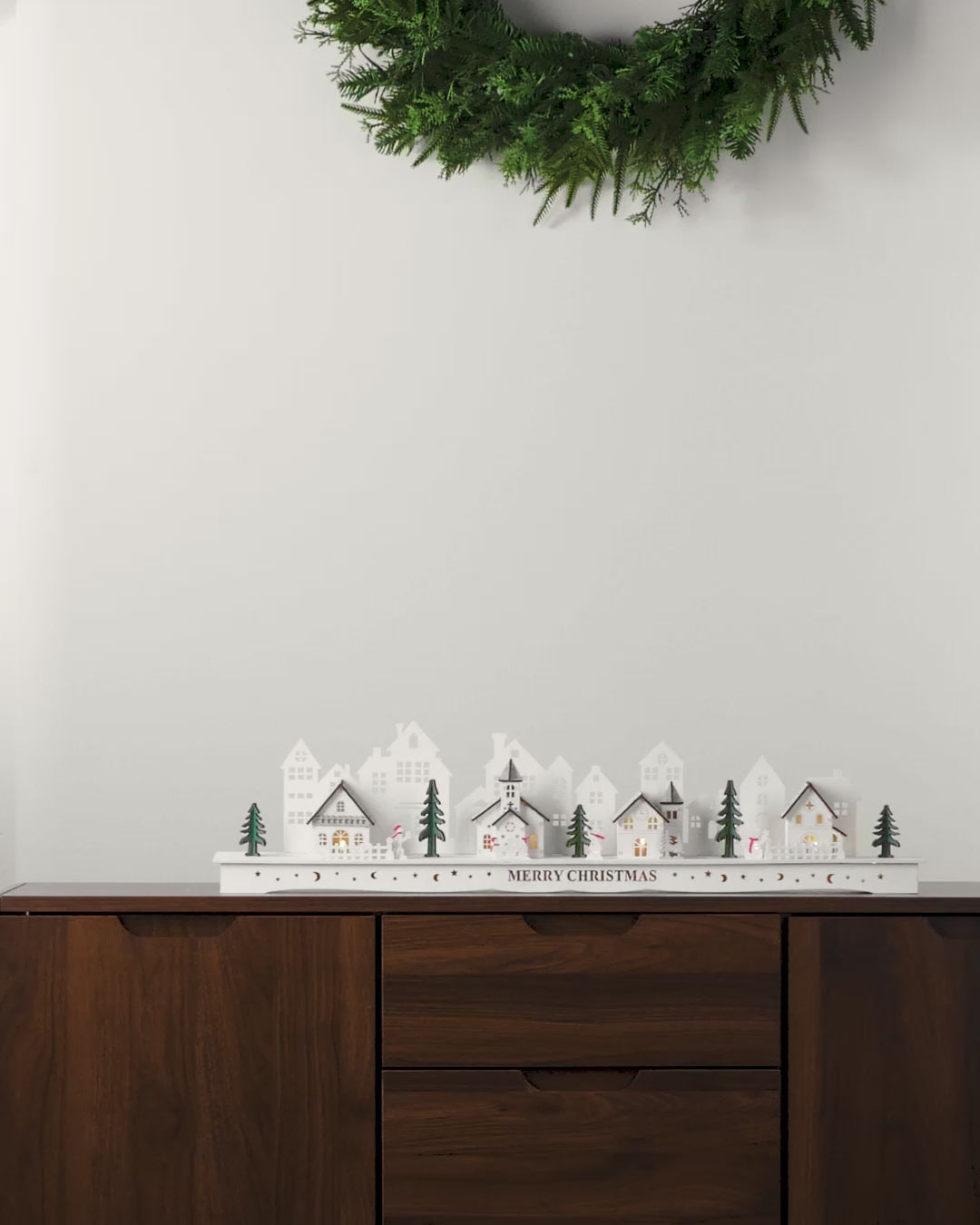 Load video: Pre-Lit Wooden Village Scene, White, 70cm