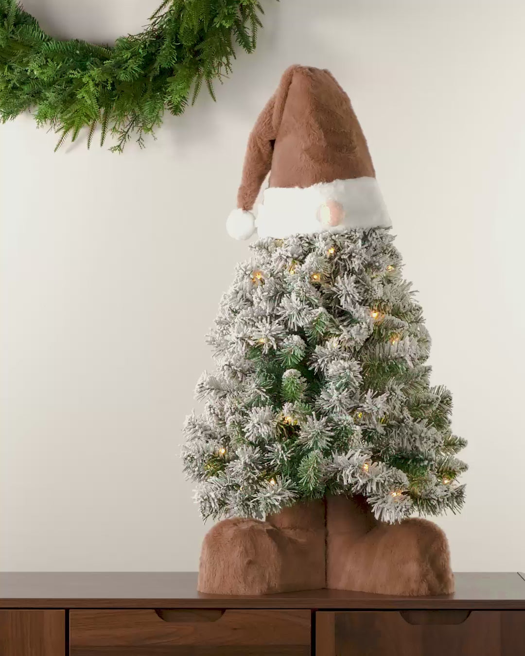 Load video: Pre-Lit Snow Flocked Gonk Tree, 3 ft