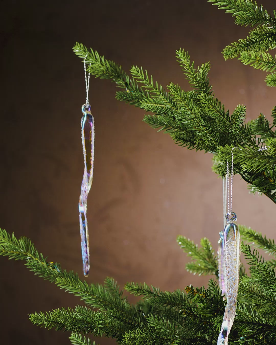 Load video: Set of 6 Iridescent Frosted Glass Icicles, 25 cm