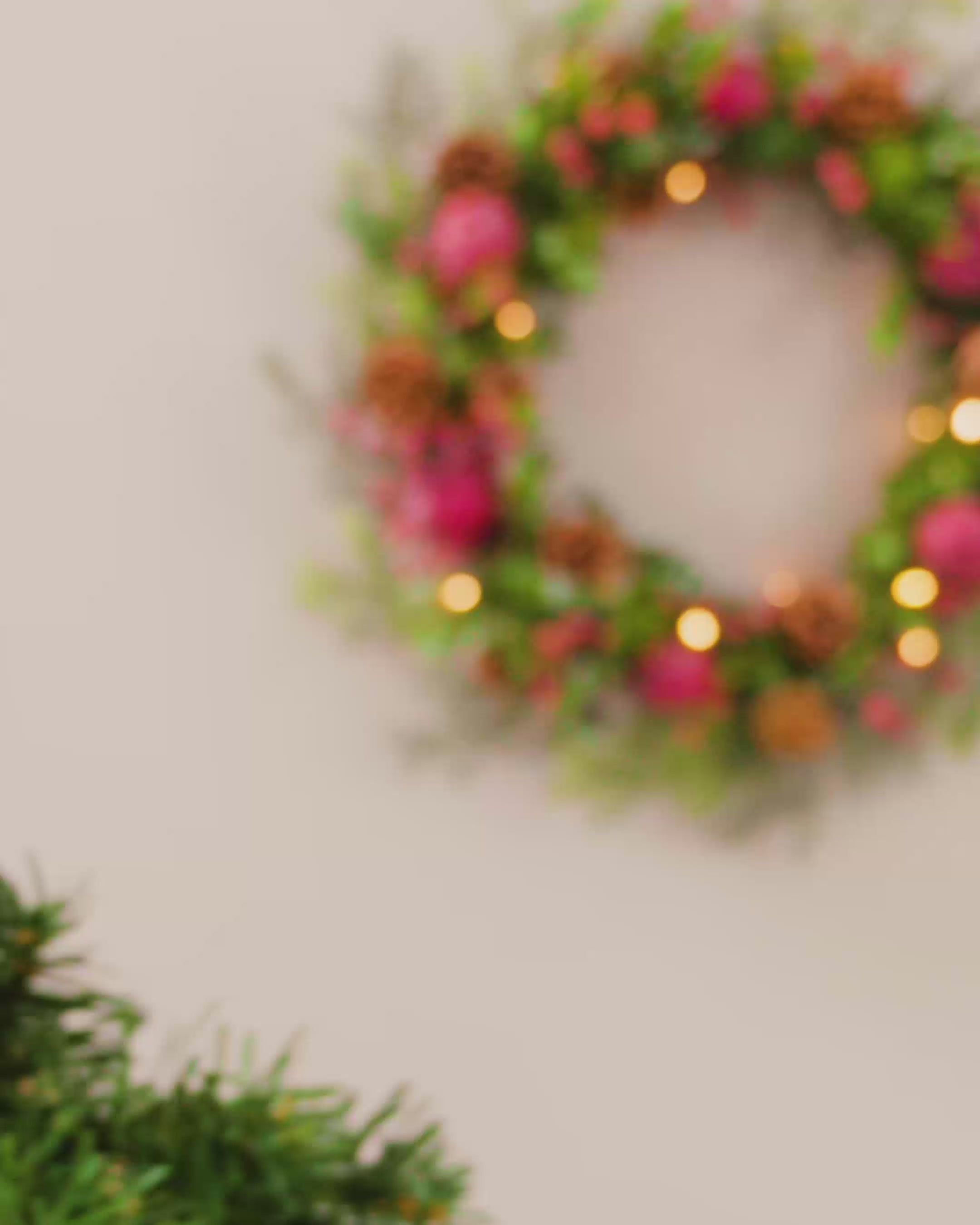 Load video: Pre-Lit Frosted Red Berry Mixed Tip Wreath, 60 cm