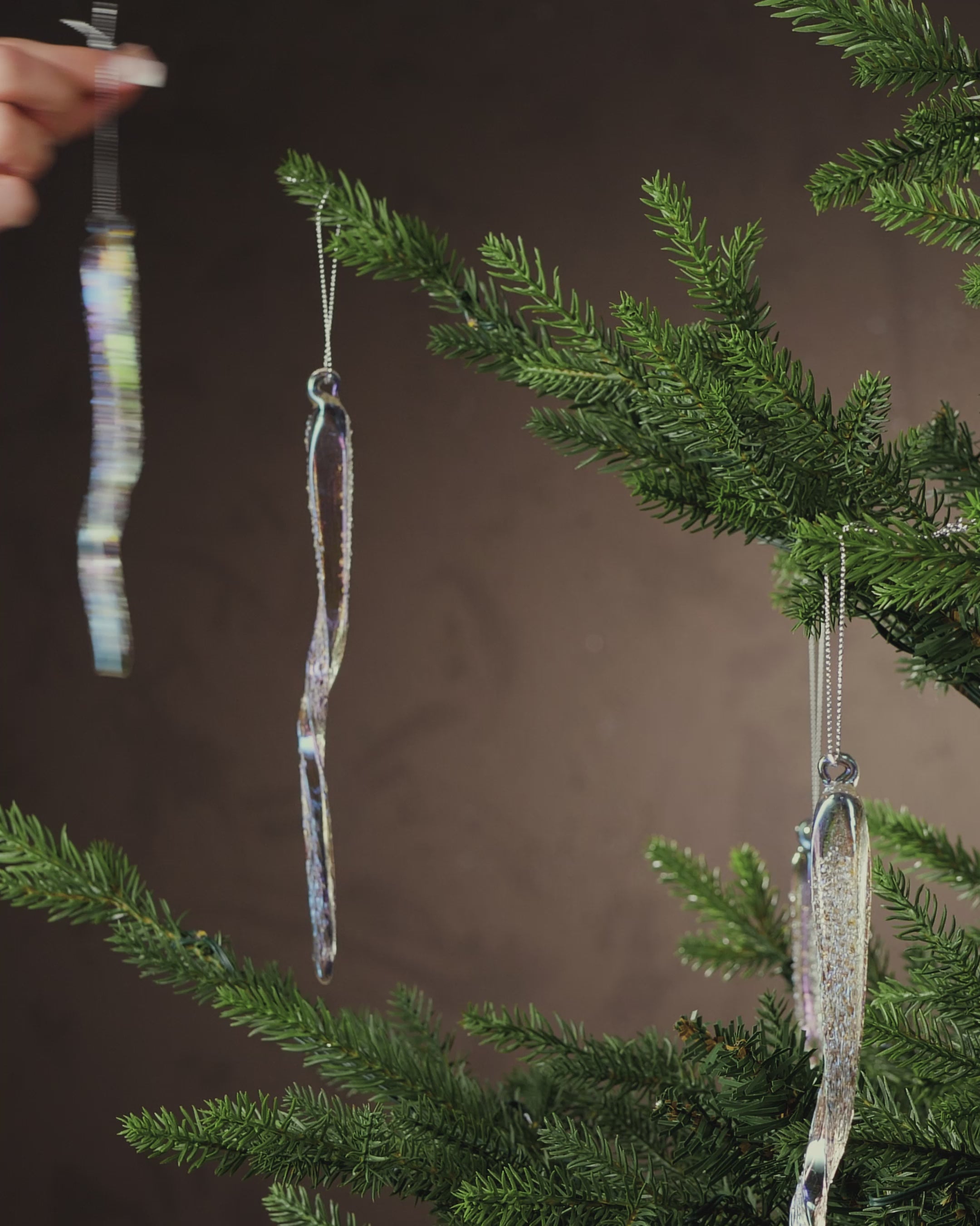 Load video: Set of 6 Iridescent Frosted Glass Icicles, 25 cm