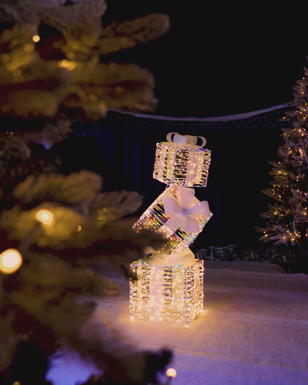 Load video: Pre-Lit Iridescent Present Stack, 95 cm