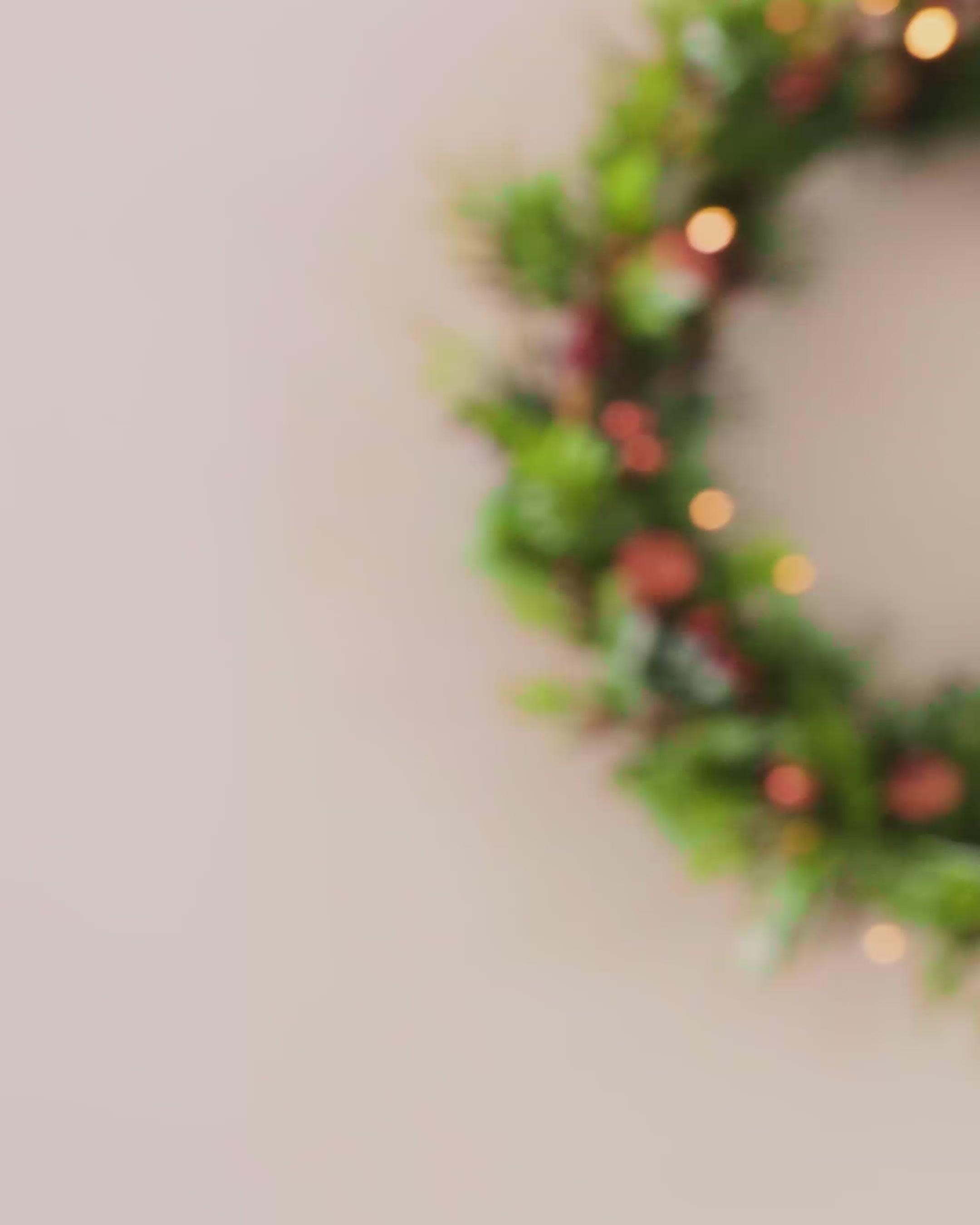 Load video: Pre-Lit Natural Mixed Tip Wreath, 60 cm