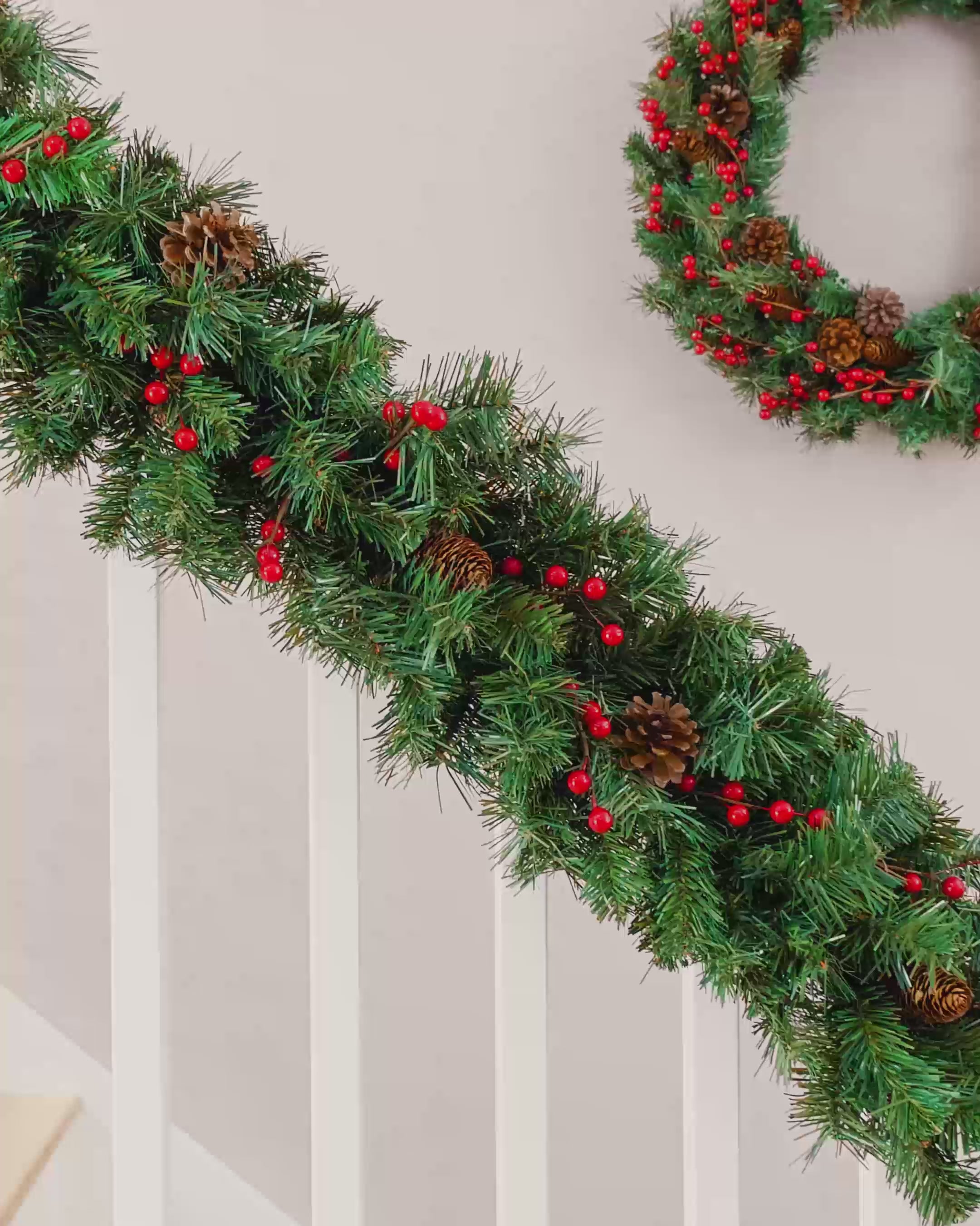 Load video: Extra Thick Mixed Pine Garland, Pinecones &amp; Berries, 9 ft