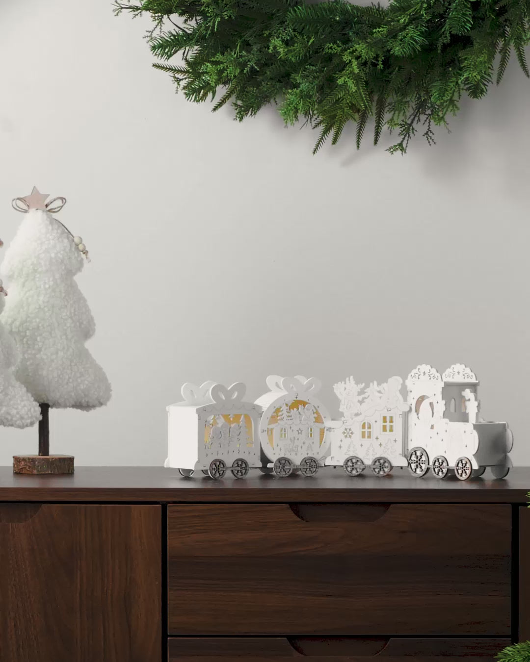Load video: Pre-Lit Wooden Train Decoration, 50 cm