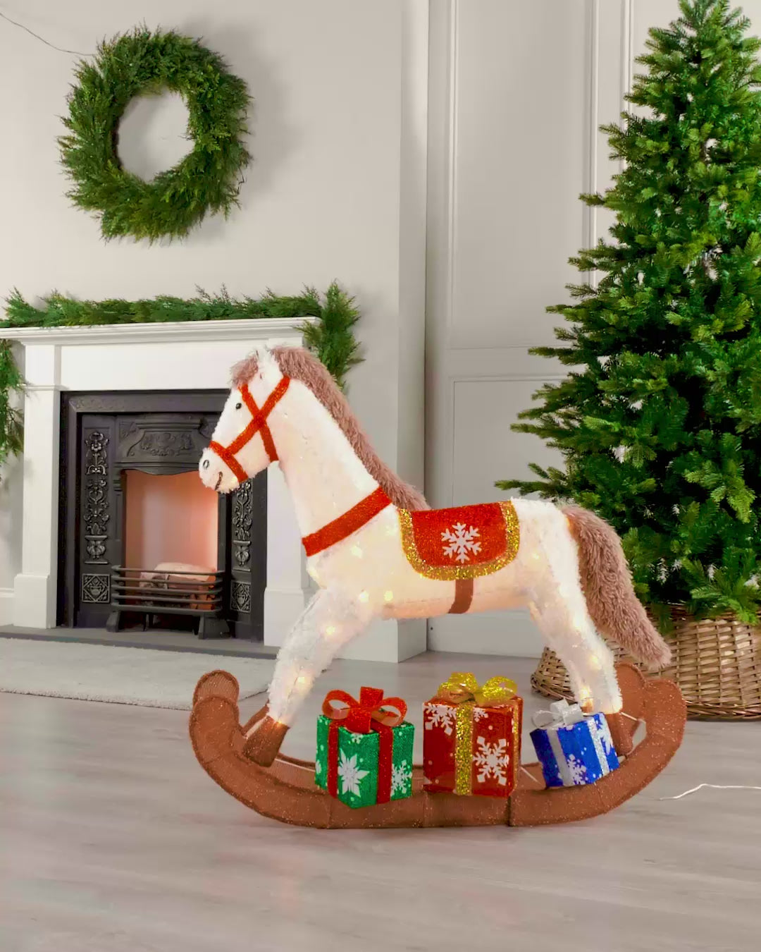 Load video: Pre-Lit 3D Rocking Horse Silhouette, 90 cm