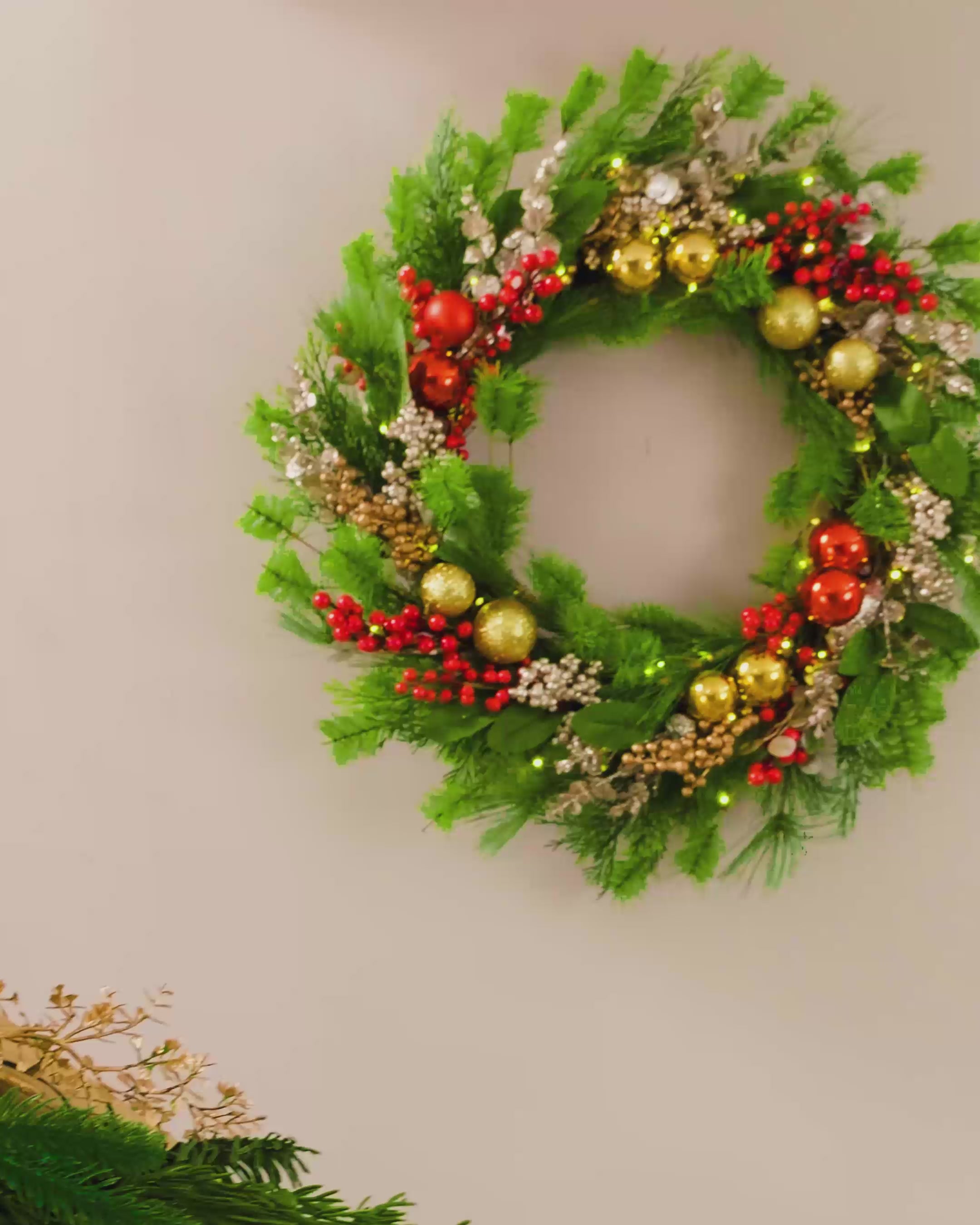 Load video: Pre-Lit Red Berry Mixed Tip Wreath, 76 cm