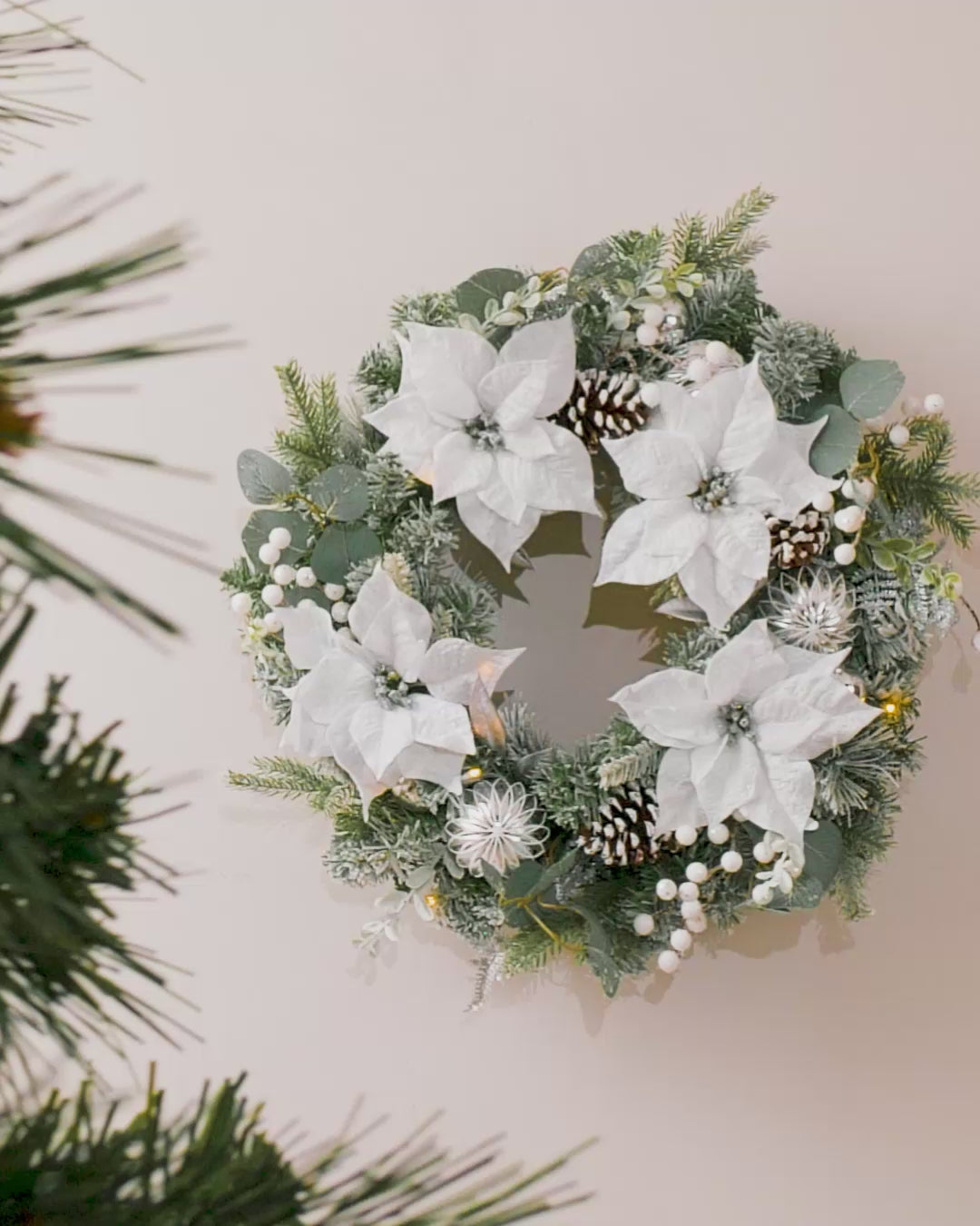 Load video: Pre-Lit Decorated Frosted Wreath, White &amp; Silver, 60 cm