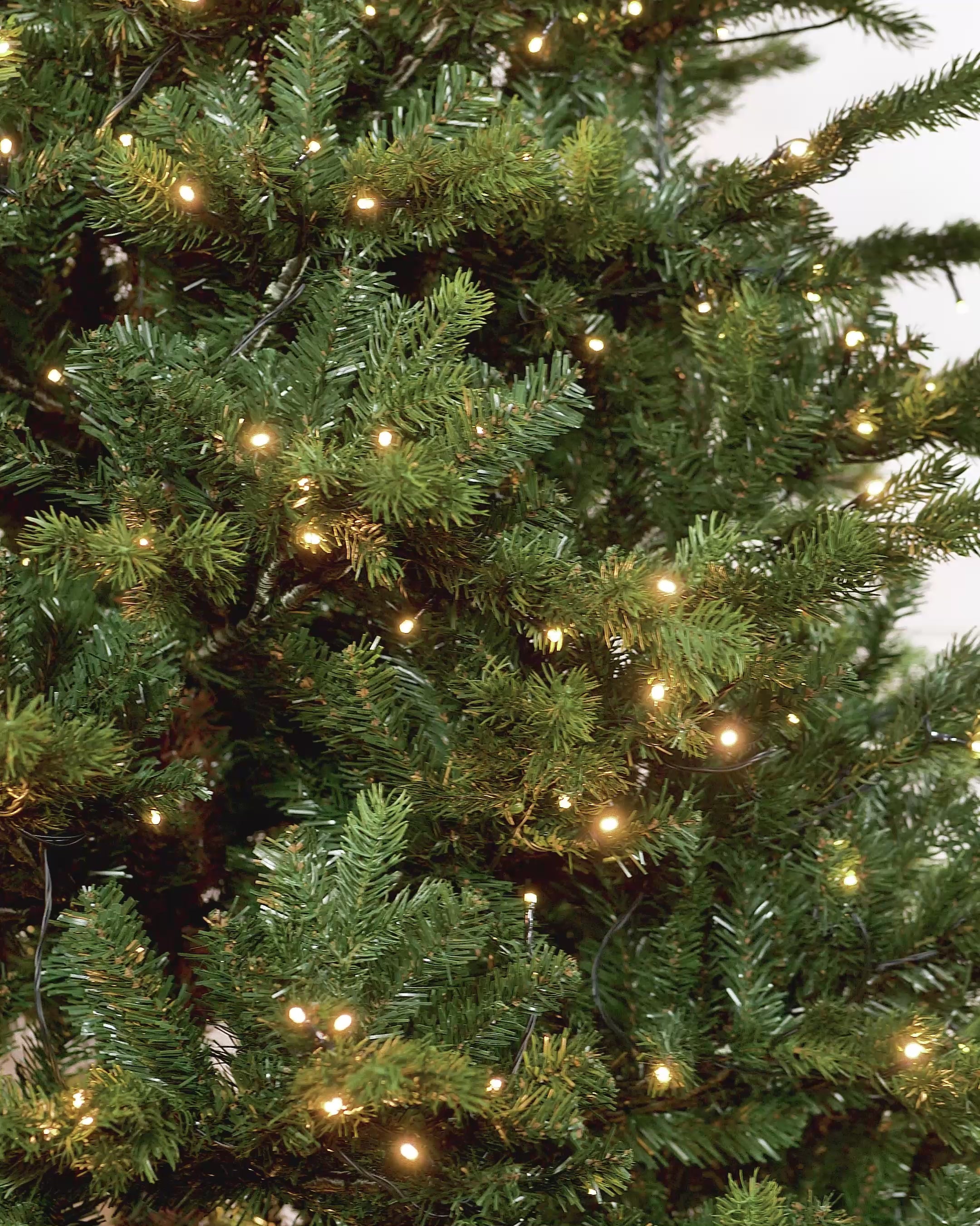 Load video: Pre-lit Balsam Fir Christmas tree with lush PE and PVC tips, adorned with warm white LED lights, displayed against a white wall—realistic, full-bodied, and perfect for creating a warm, elegant festive ambiance indoors or out.