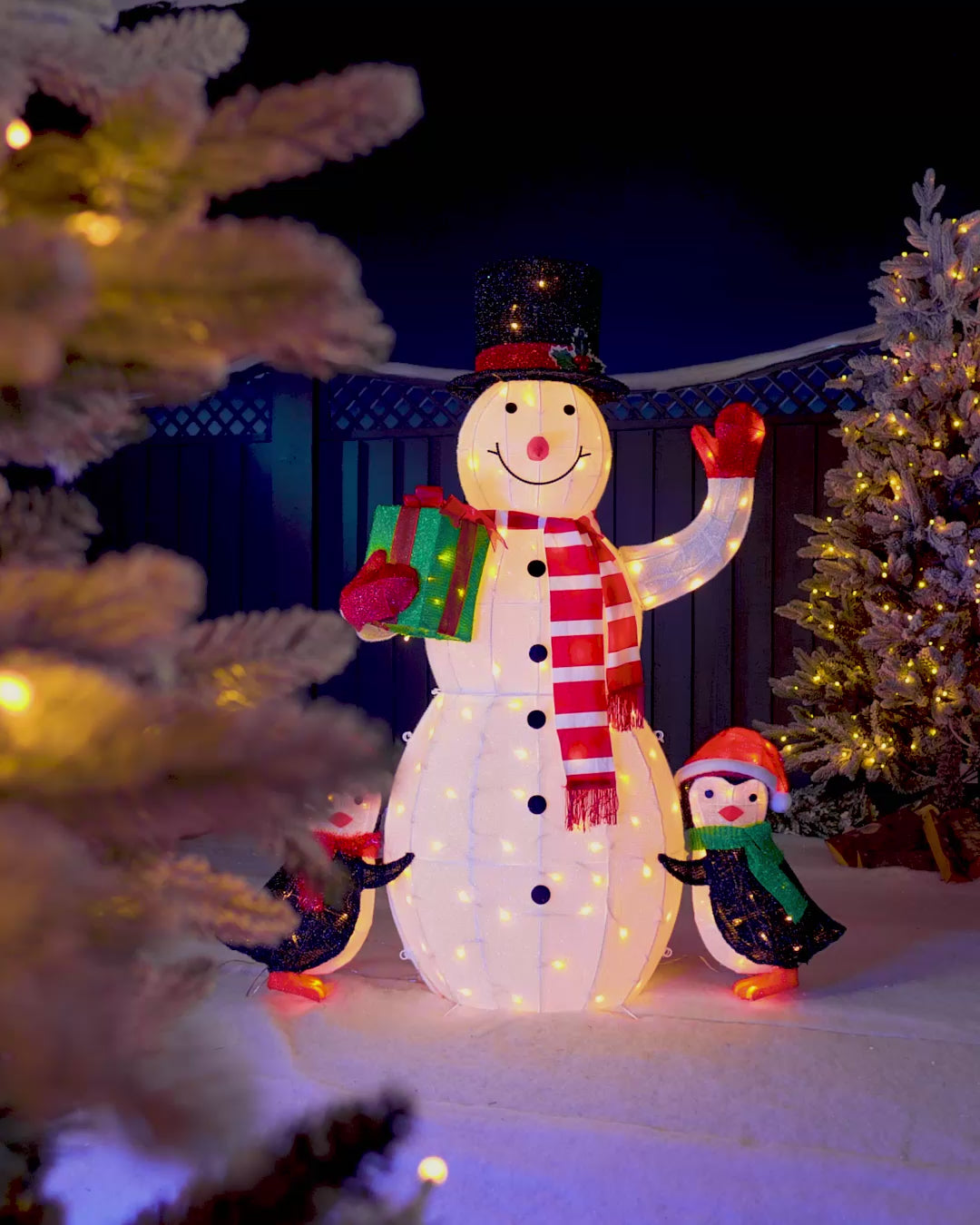 Load video: Pre-Lit 3D Snowman &amp; Penguin Silhouette, 100 cm