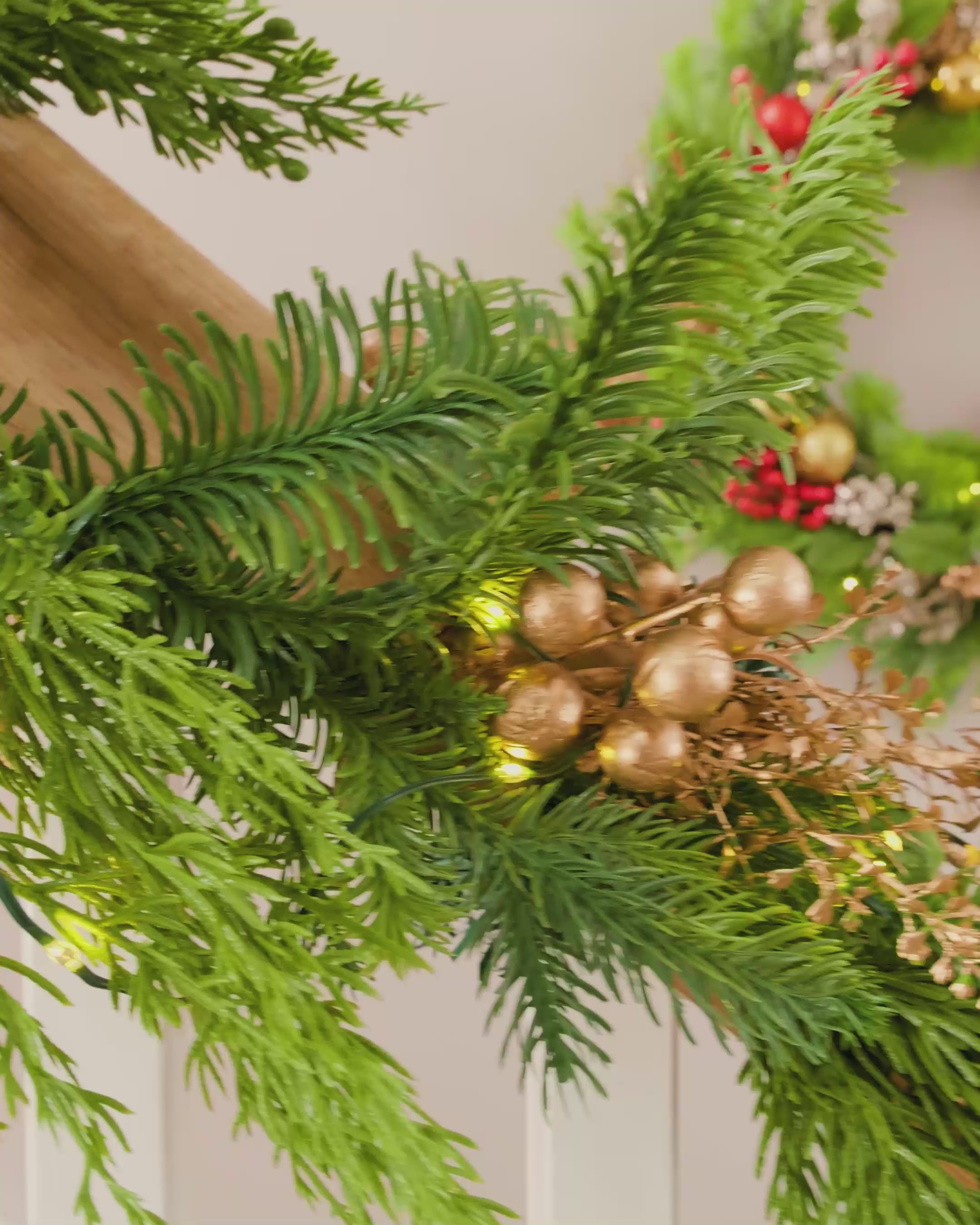 Load video: Pre-Lit Red Berry Mixed Tip Wreath, 76 cm