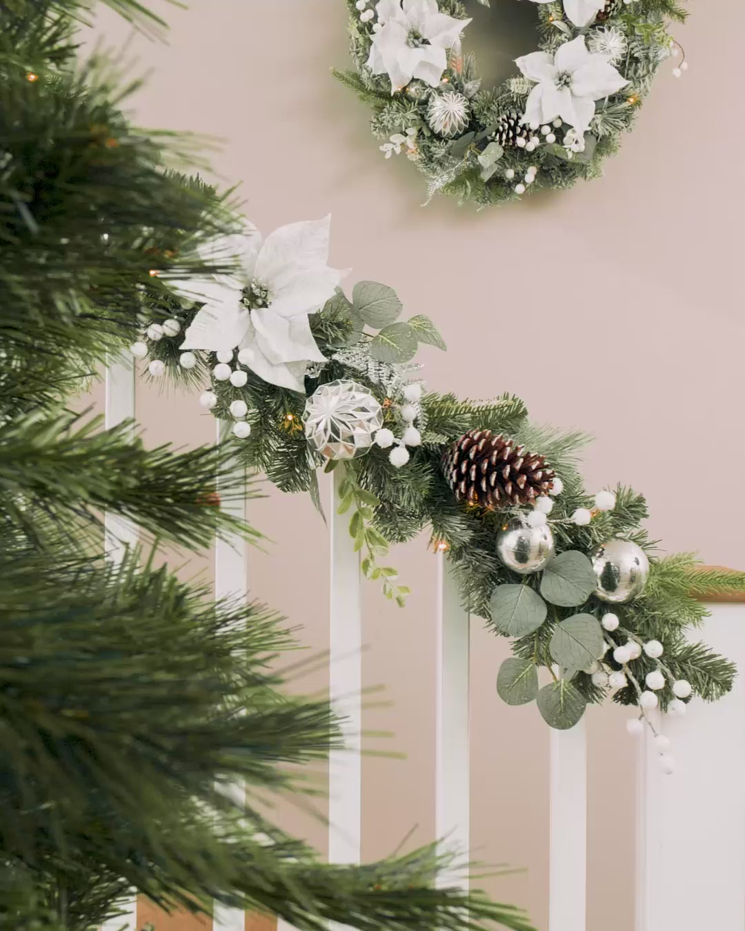 Load video: Pre-Lit Decorated Frosted Garland &amp; Wreath, White/Silver
