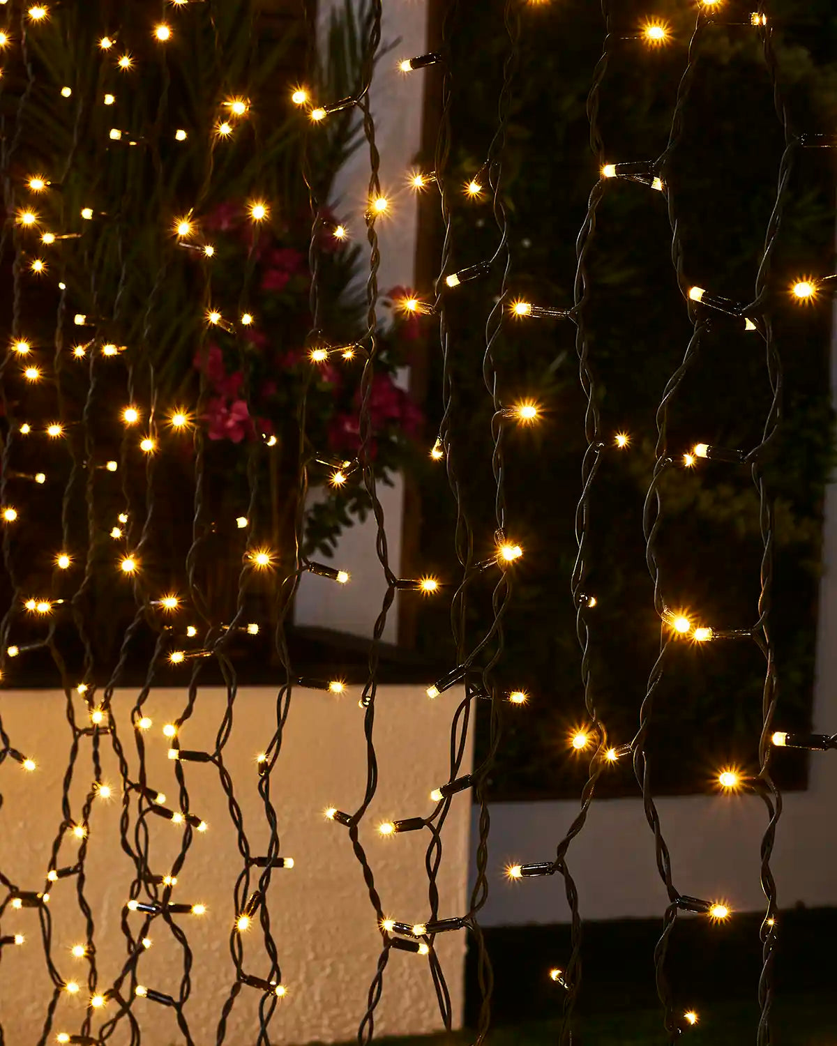 Warm white curtain light strands on black cable hanging in front of outdoor greenery.