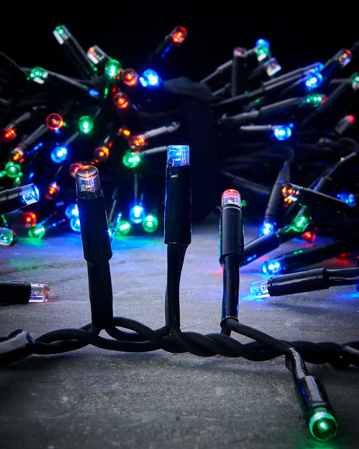 Close-up of multicolour LEDs on black cable for Pro Series cluster lights.