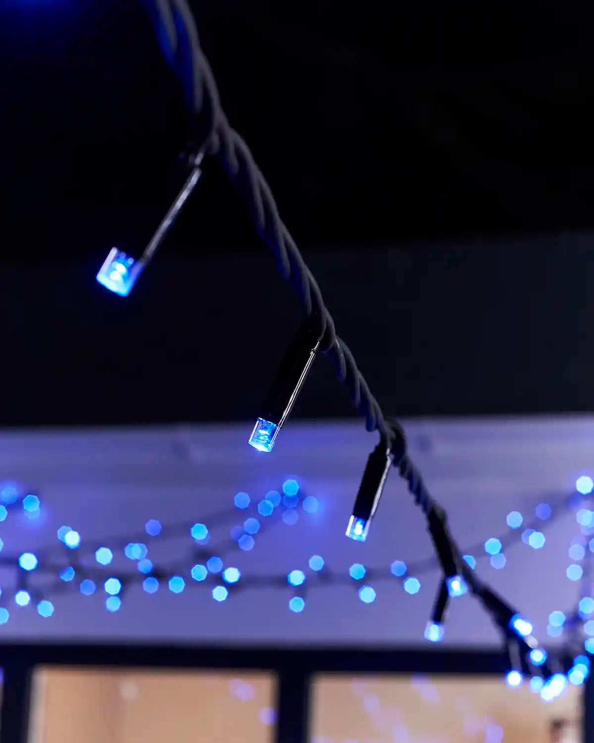 Close-up of blue LED string lights on dark twisted cable.