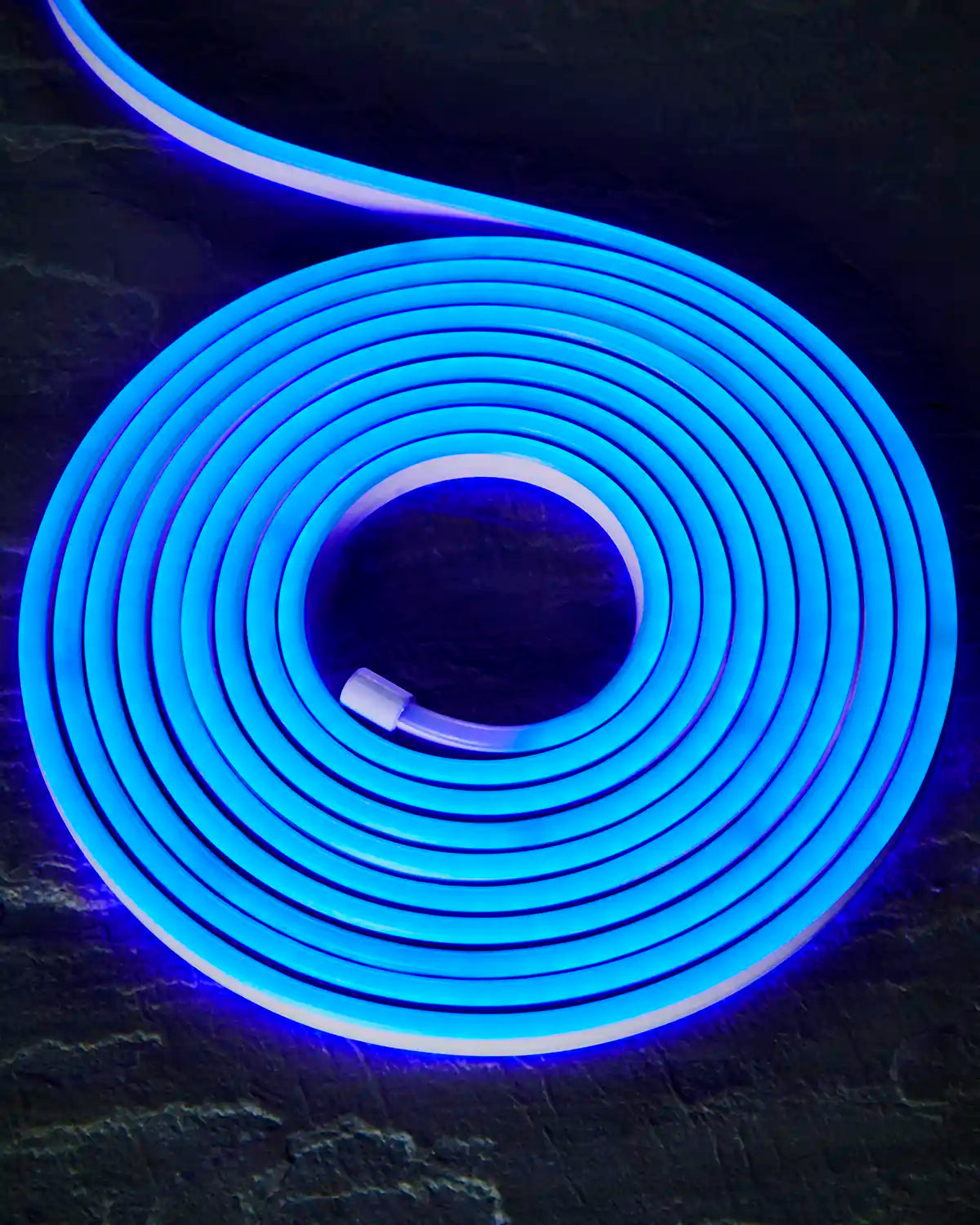 Coiled blue Pro Series Neon Flex light on a dark surface.