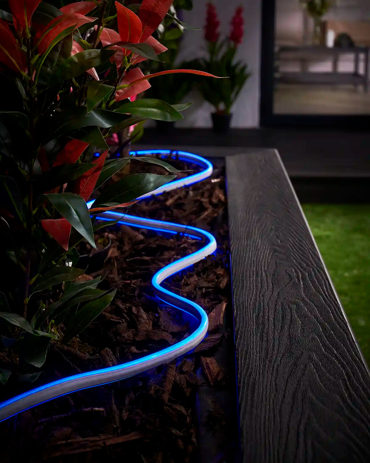 Blue Neon Flex lighting curved through bark around plants in a garden planter.