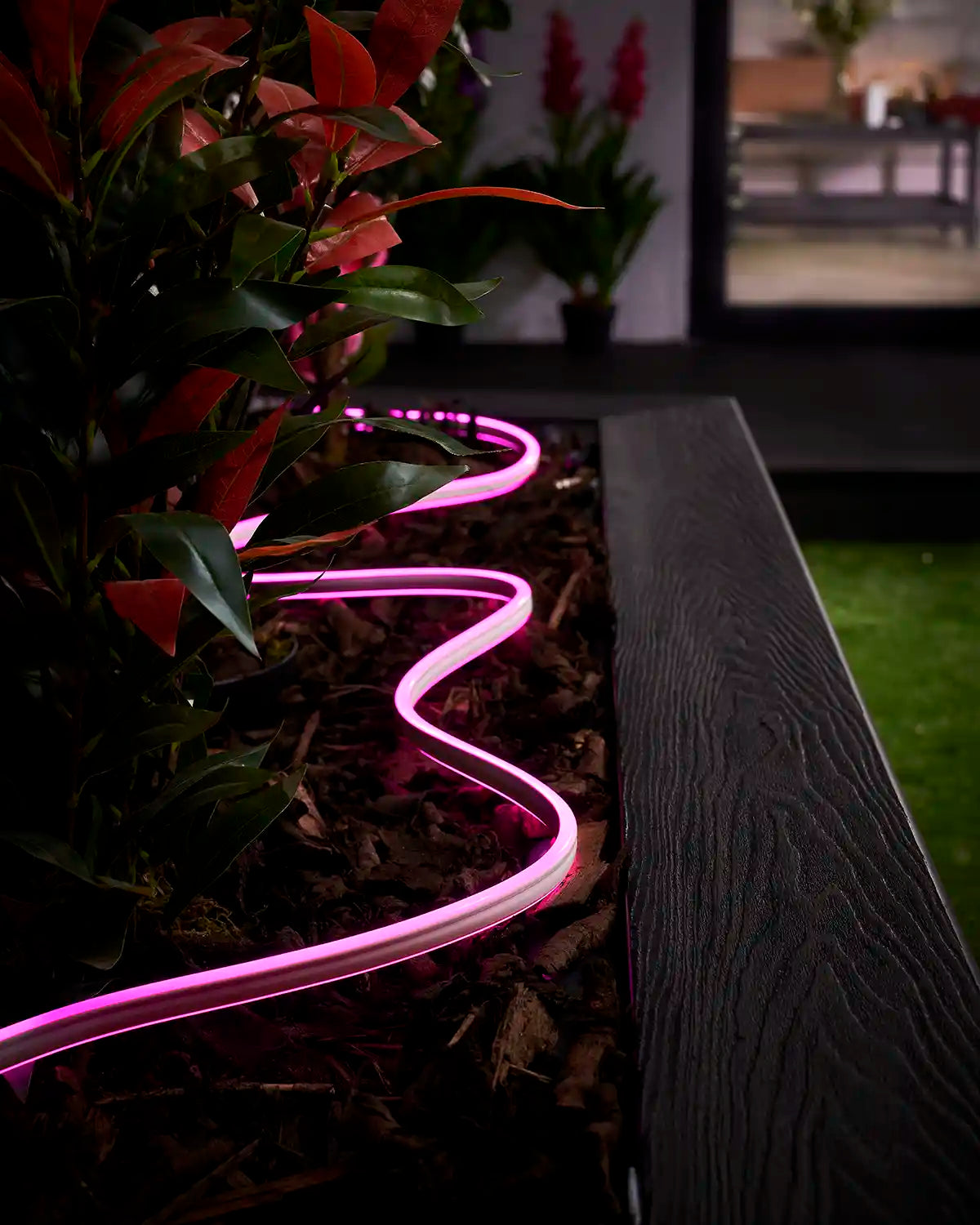 Pink Neon Flex lighting curved through bark around plants in a garden planter.