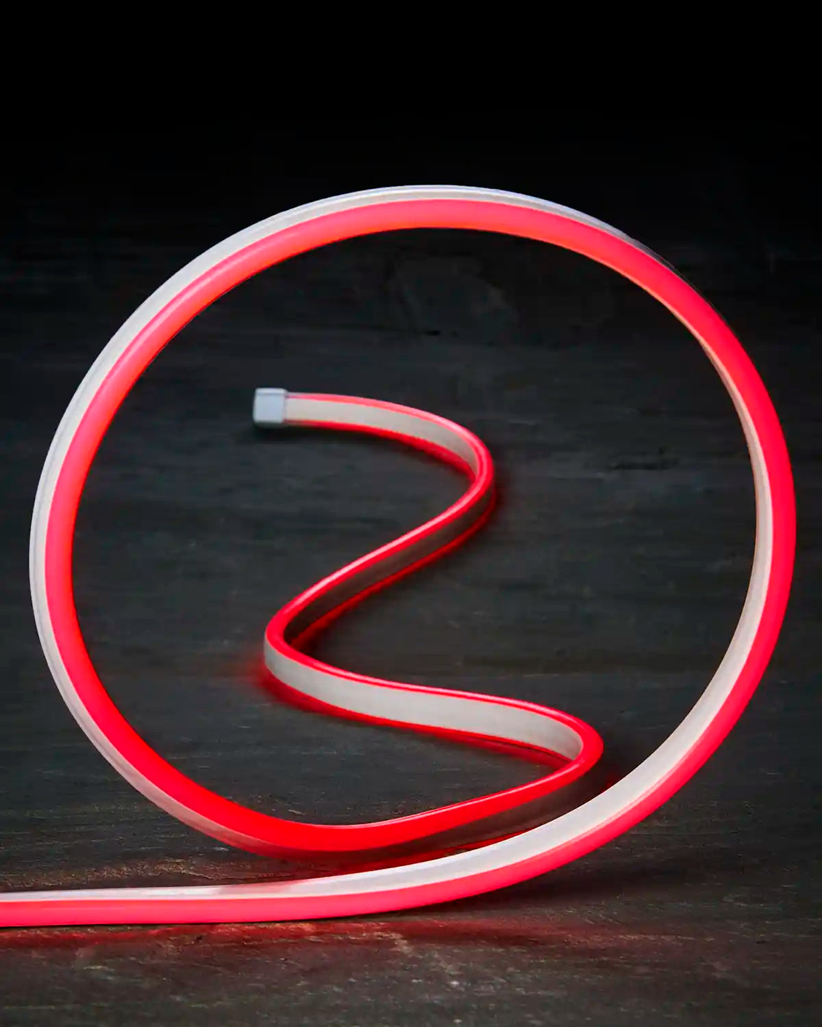 Close-up of flexible red Neon Flex lighting shaped into a loop.