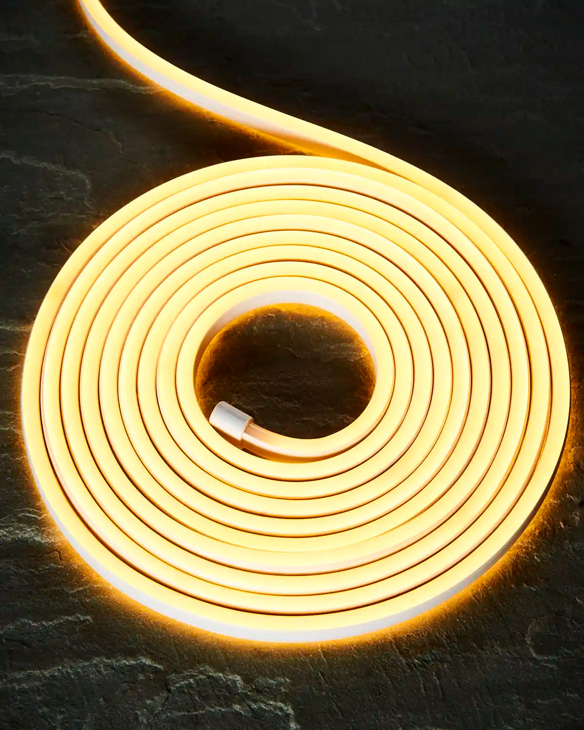 Coiled warm white Pro Series Neon Flex light on a dark surface.