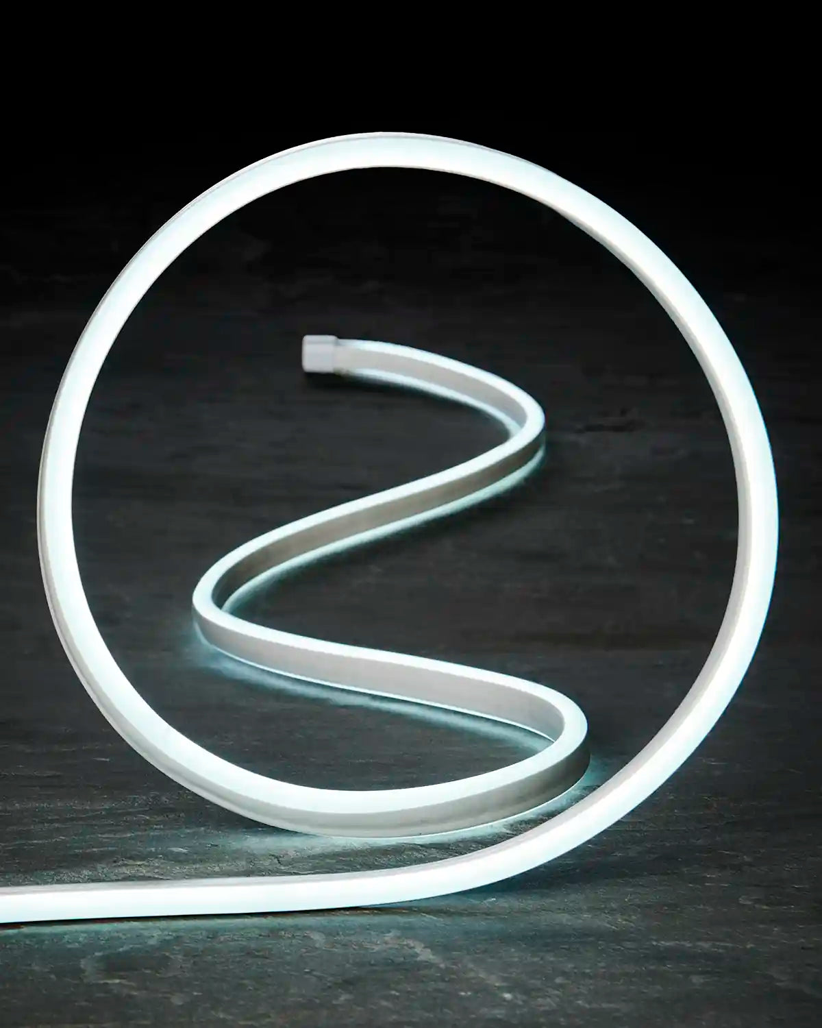 Close-up of flexible white Neon Flex lighting shaped into a loop.
