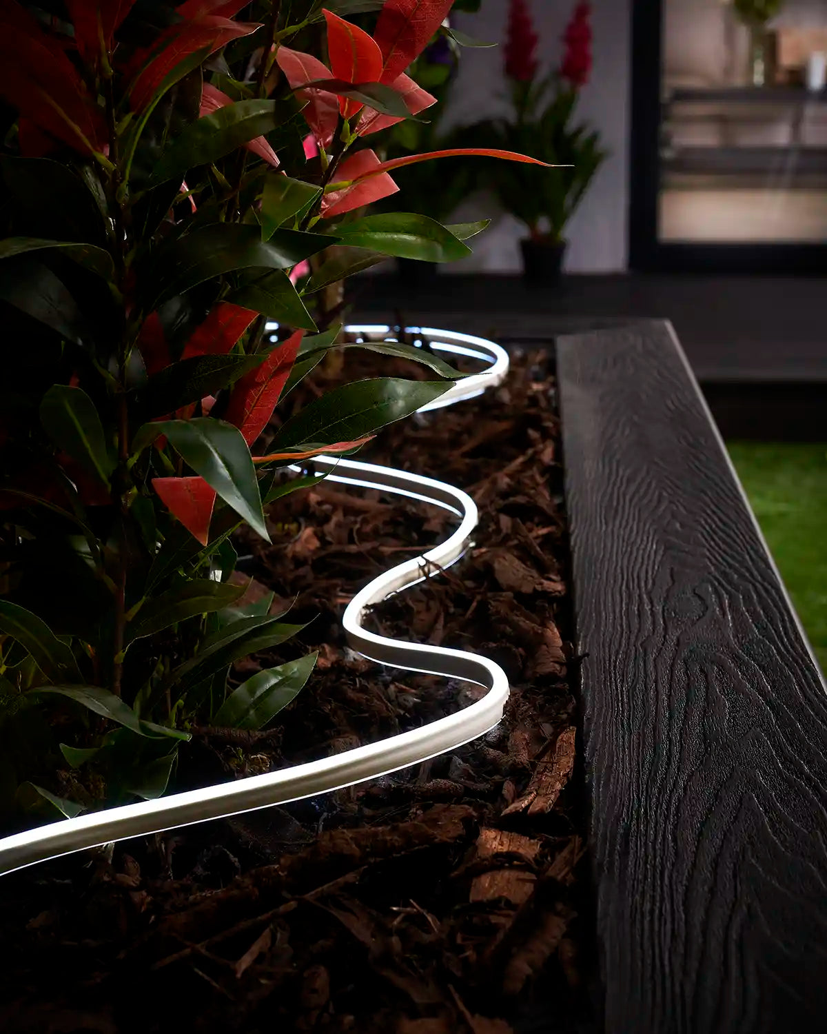 White Neon Flex lighting curved through bark around plants in a garden planter.
