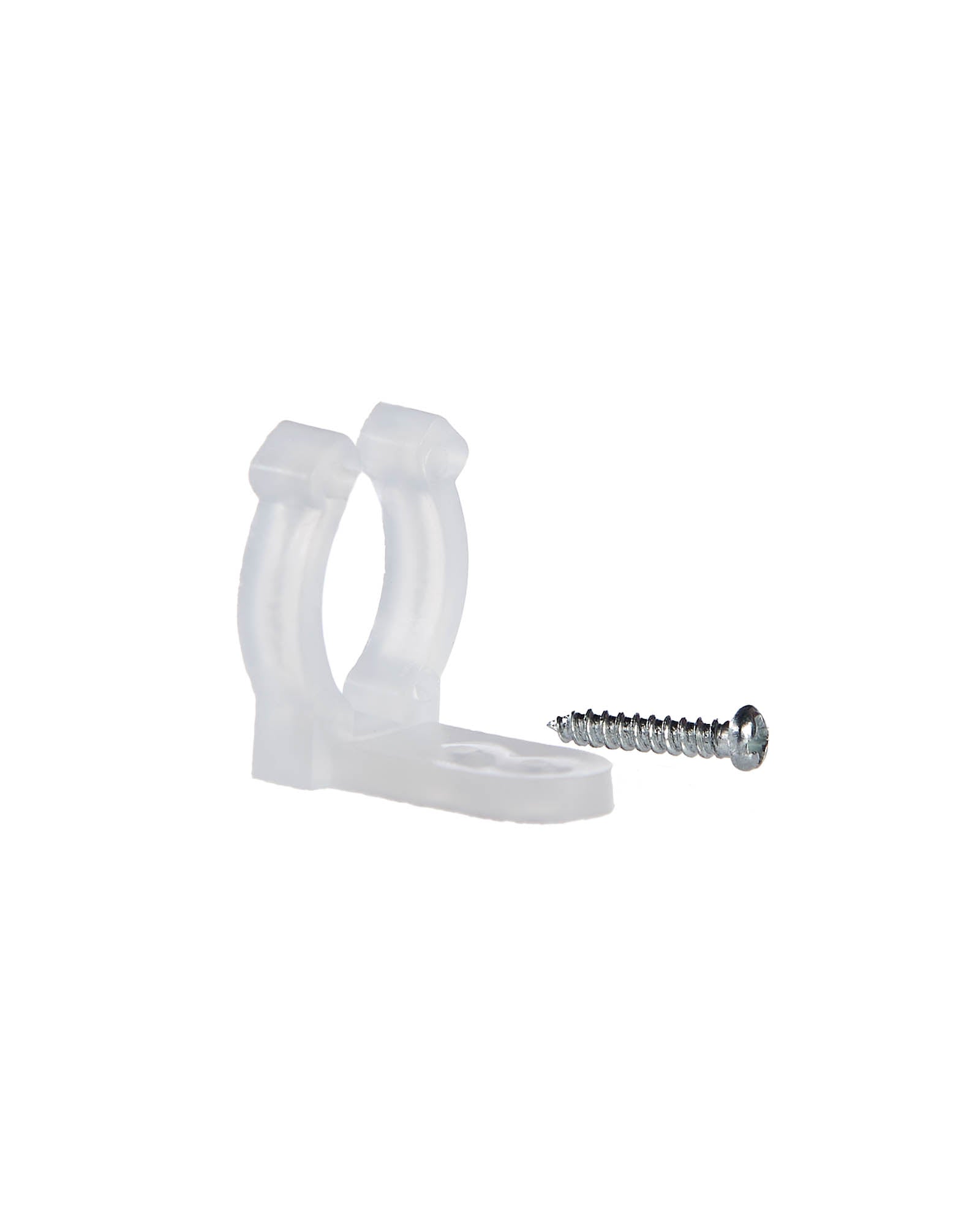 Close-up of a single translucent rope light clip with a silver screw on a white background.