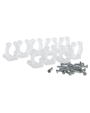 Pack of translucent rope light mounting clips with silver screws on a white background.