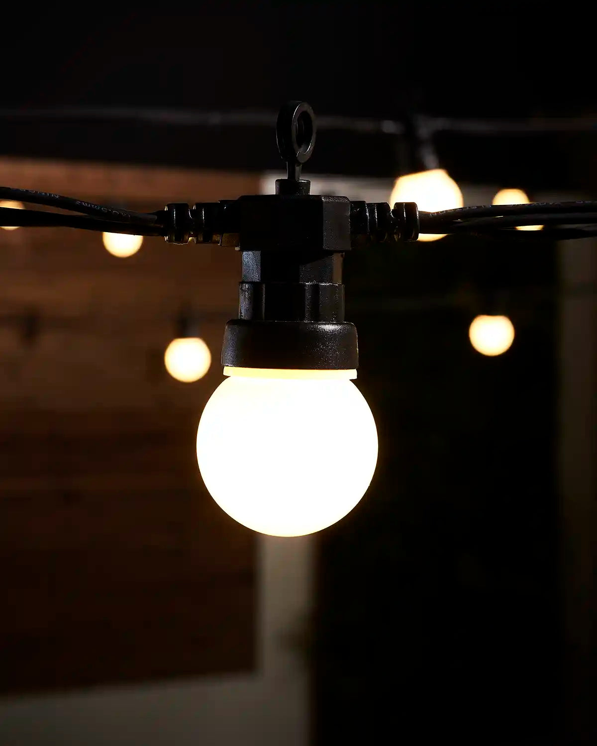 Detailed close-up of a warm white frosted festoon bulb with black cable and hanging hook.