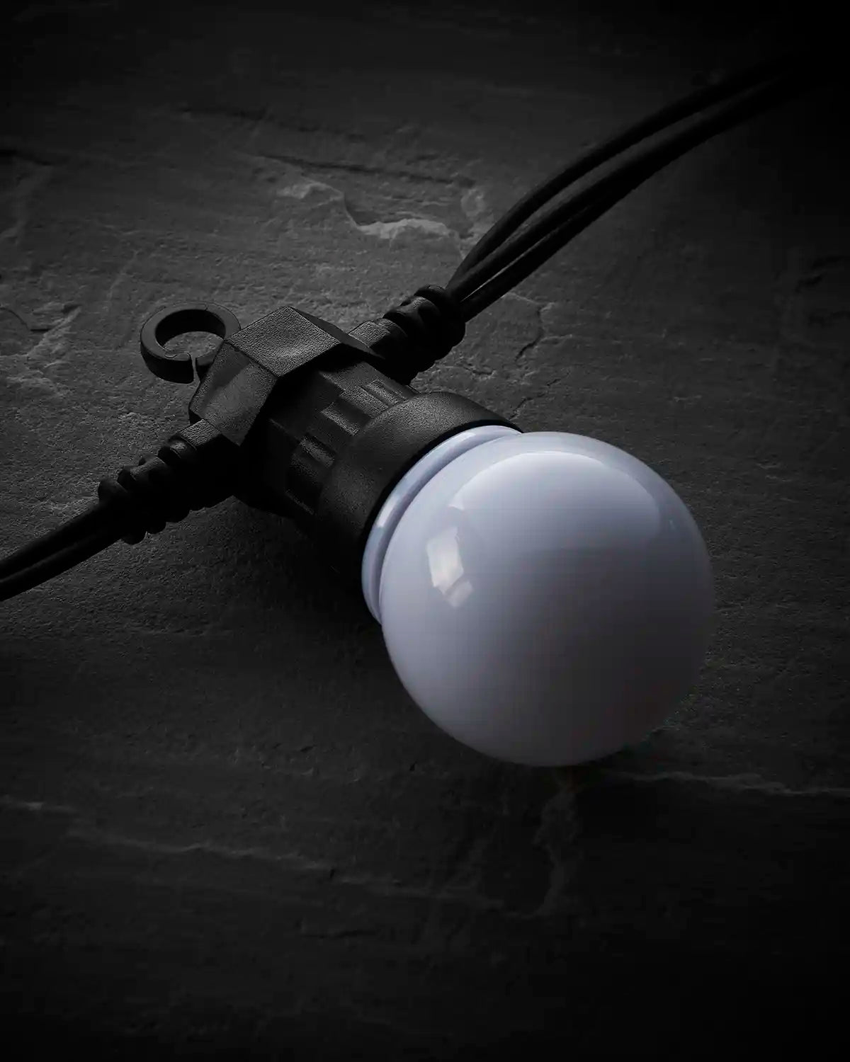 Close-up of an unlit frosted festoon bulb on a black Pro Series cable.