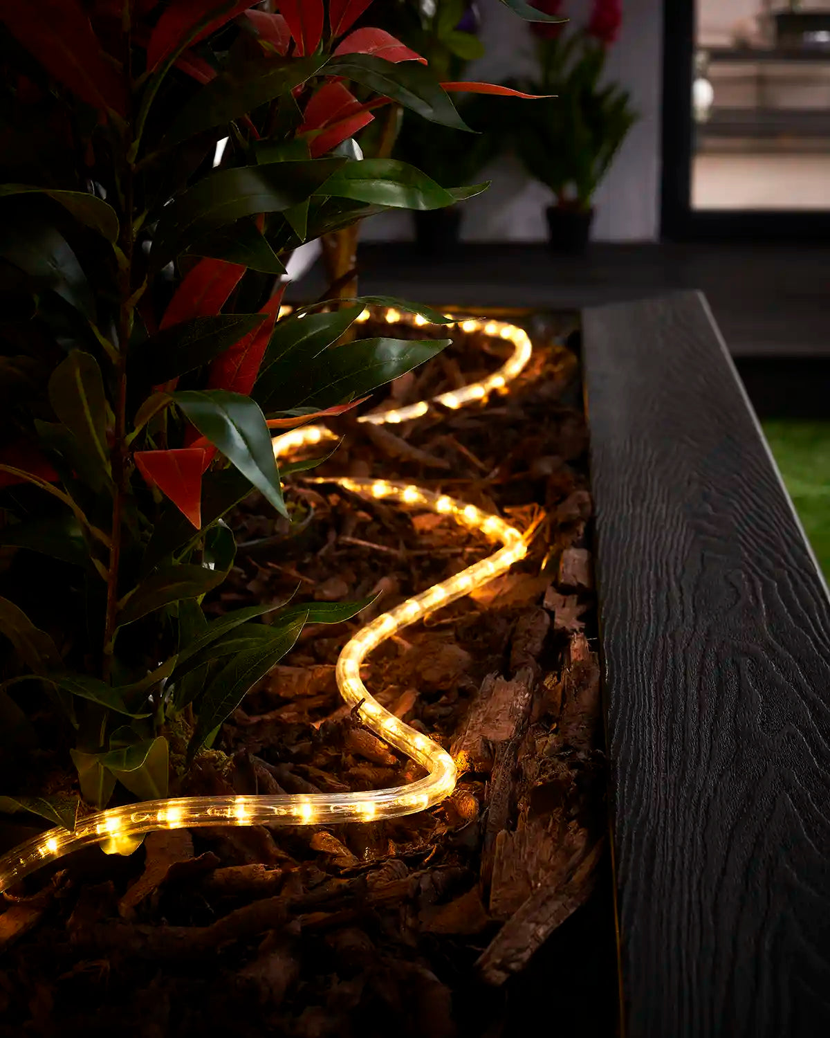 Warm white Pro Series rope light arranged in a curved line through an outdoor planter at night.