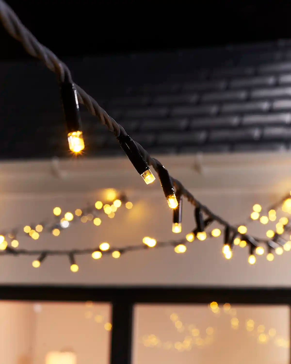 Close-up of warm white LED bulbs on black Pro Series string light cable.