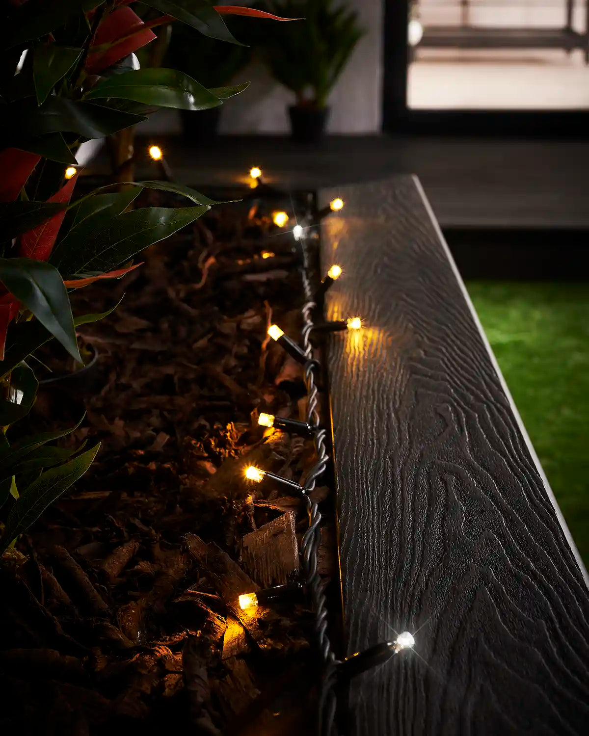Mixed warm white and white twinkle string lights arranged along a raised garden border.
