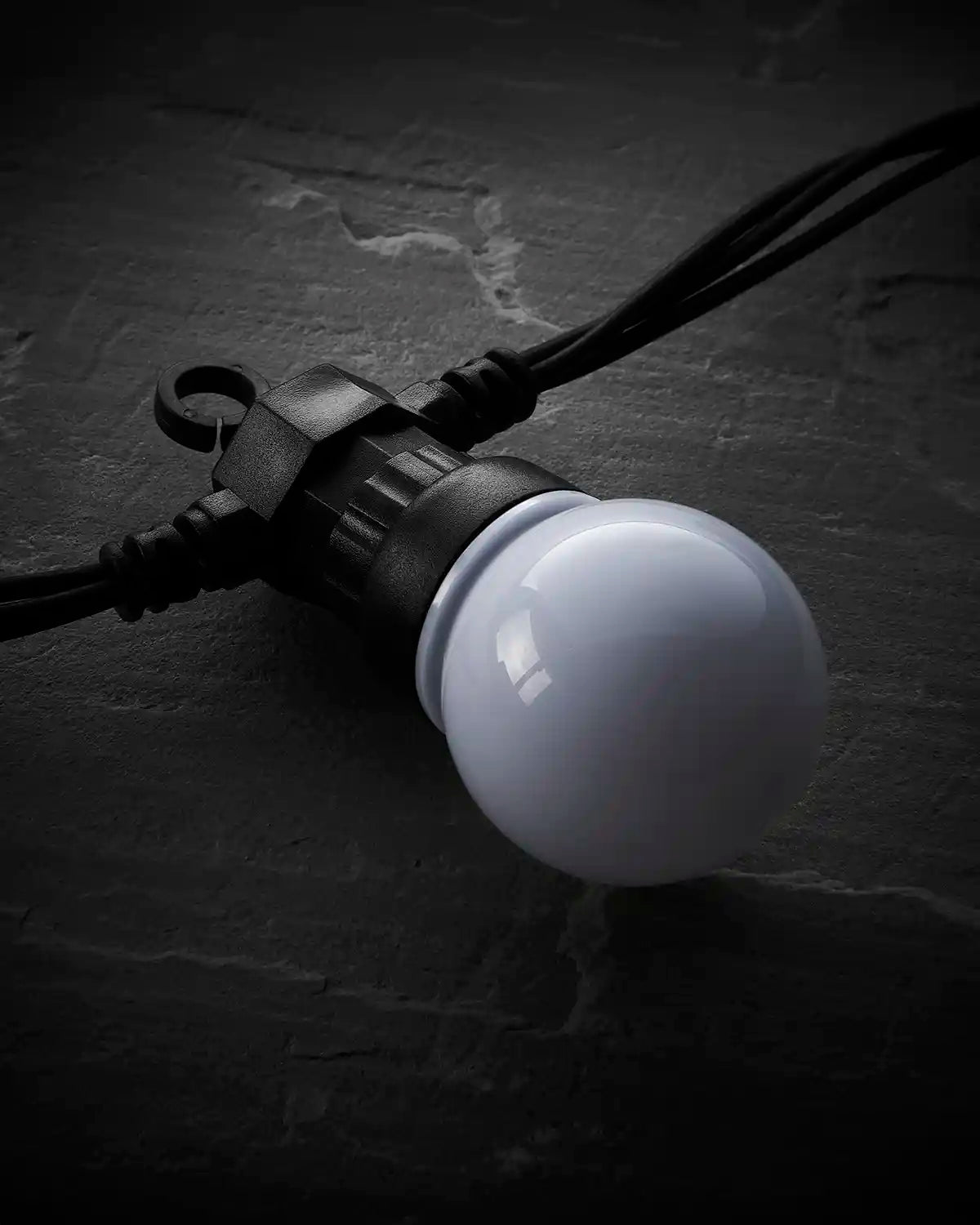 Close-up of an unlit frosted festoon bulb on a black Pro Series cable.