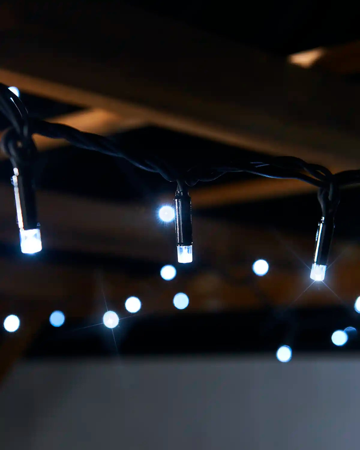Close-up of white twinkle LED string lights hanging from a black cable outdoors.