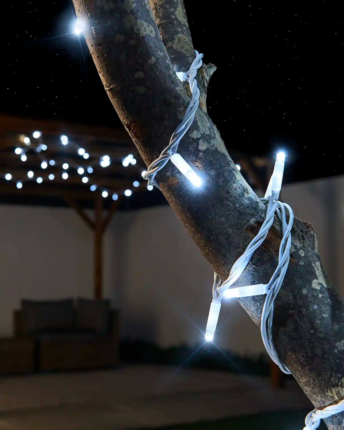 Close-up of white twinkle LED string lights with a white cable wrapped around a tree branch.