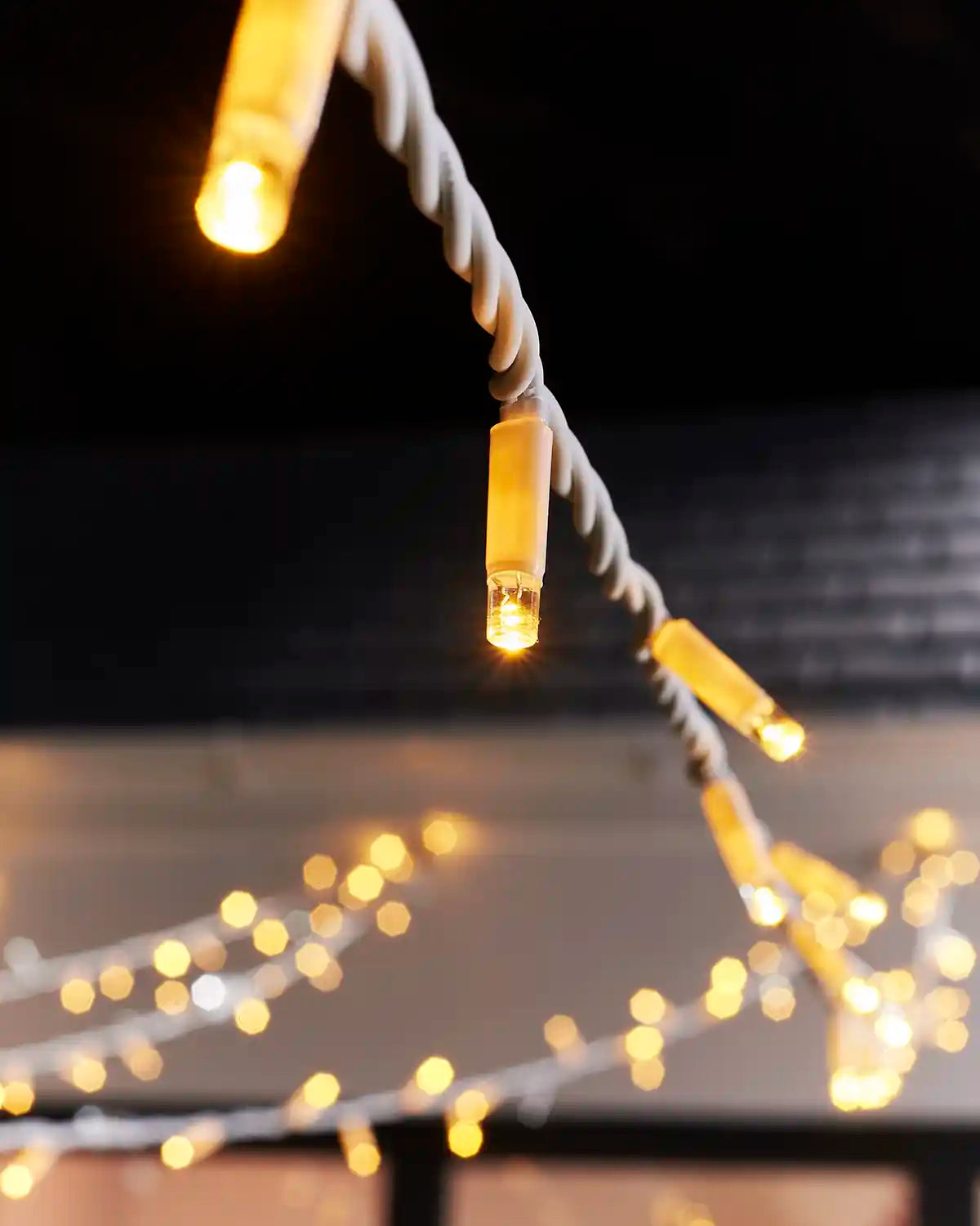 Close-up of warm white LEDs on a twisted white cable from Pro Series string lights.