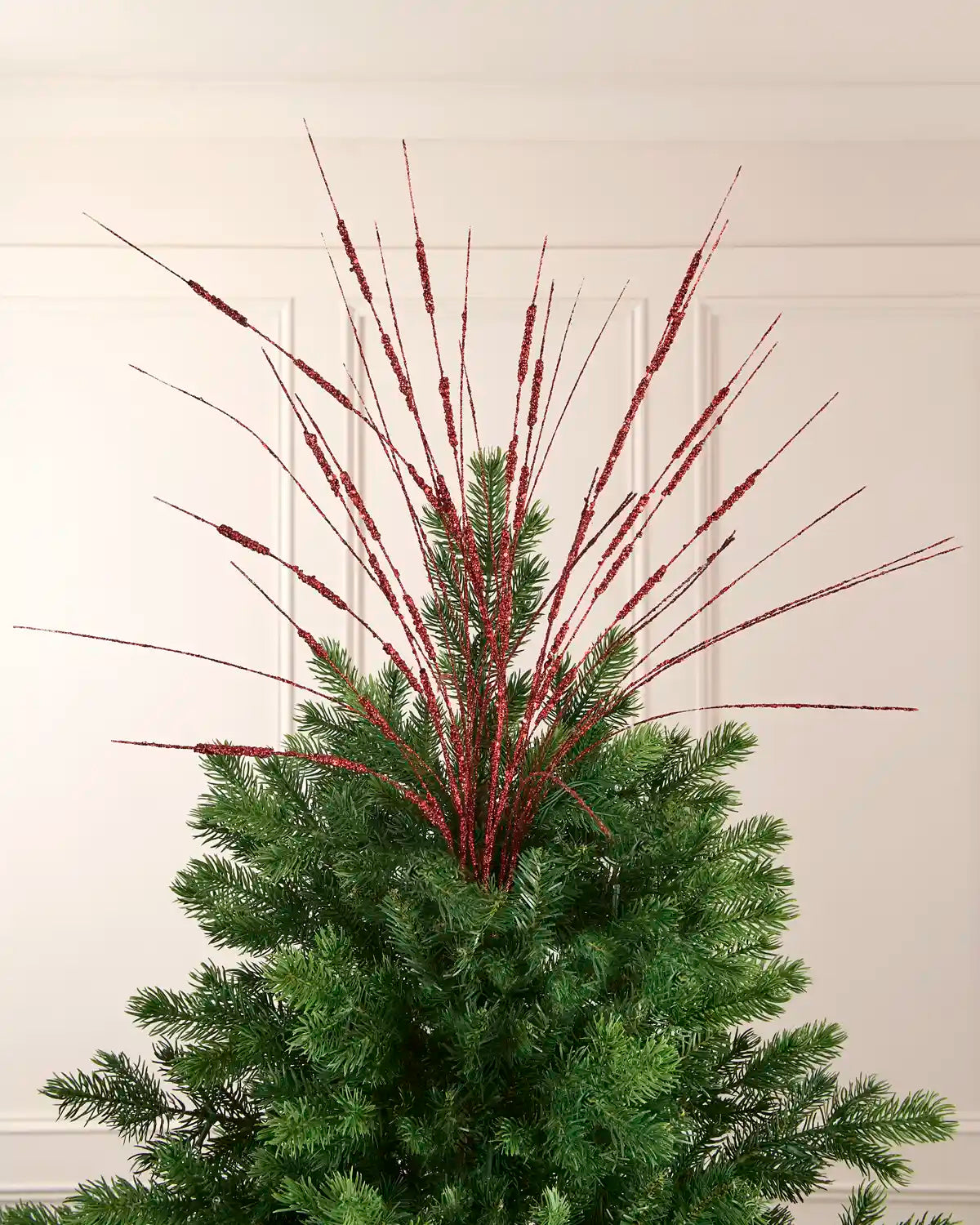 Red glitter wispy spray displayed as a tall 100 cm Christmas tree topper with radiating branches.