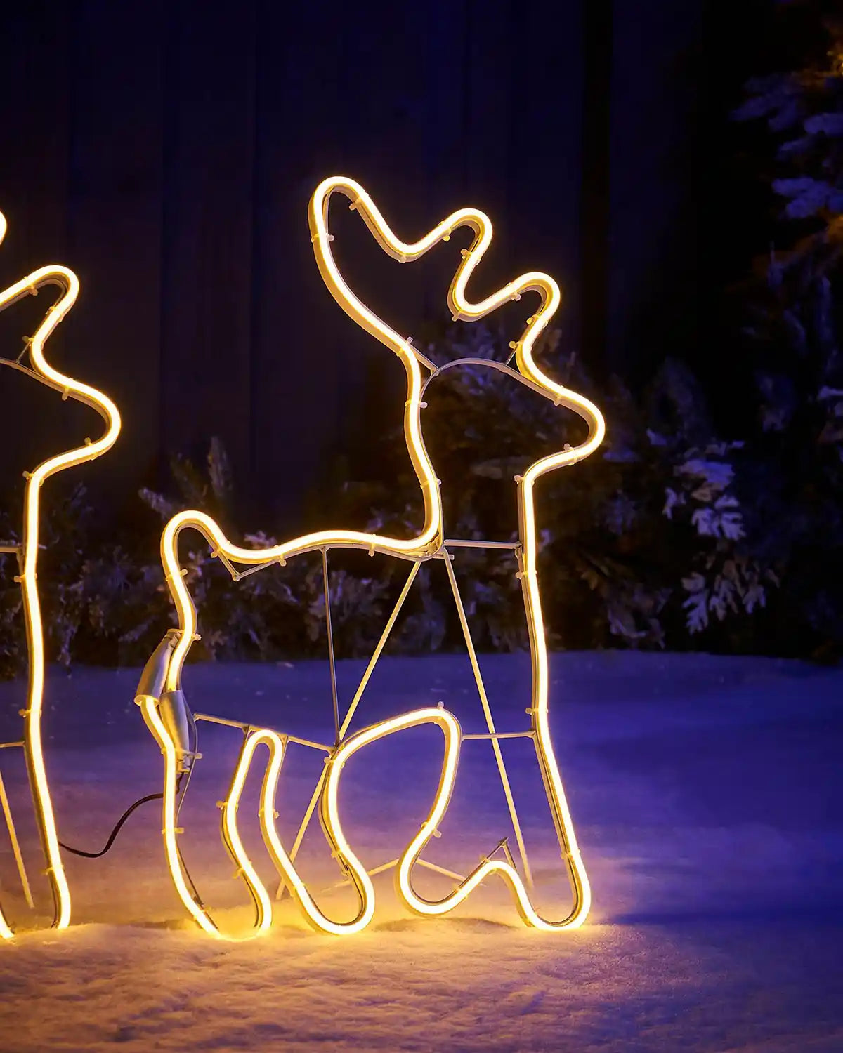 Close-up of one reindeer section on the warm white neon rope light display