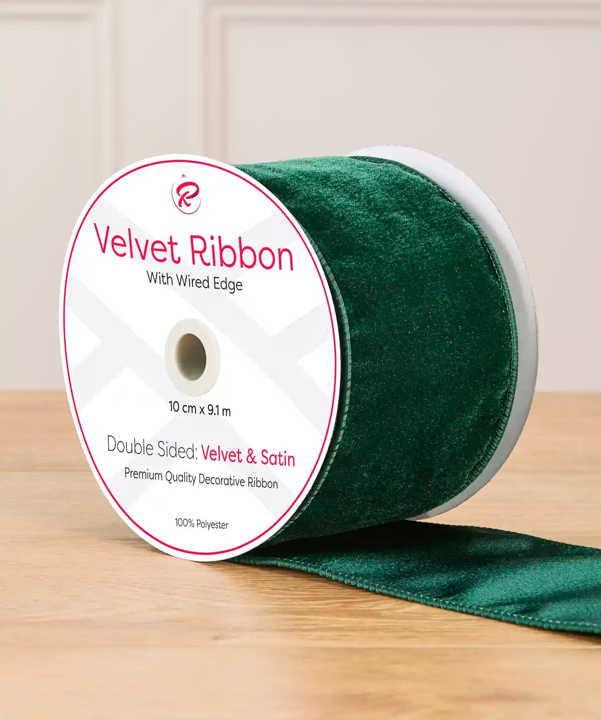 Roll of sage green 10 cm double-sided wired velvet ribbon with satin reverse, measuring 9 m.