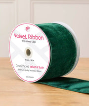 Roll of sage green 10 cm double-sided wired velvet ribbon with satin reverse, measuring 9 m.