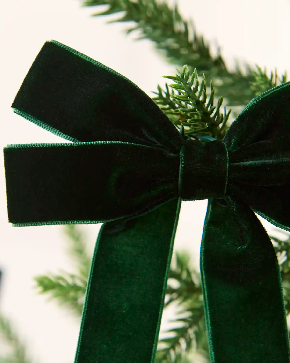 Close-up of a sage green velvet double bow showing the soft texture, layered loops and centre knot.