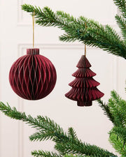Burgundy 15 cm paper bauble and Christmas tree decoration with gold glitter edging.